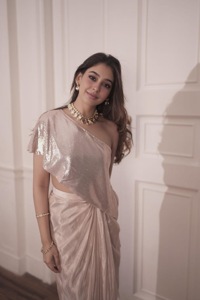 Weaving Cult Rose Gold Sequin Top With Drape Skirt