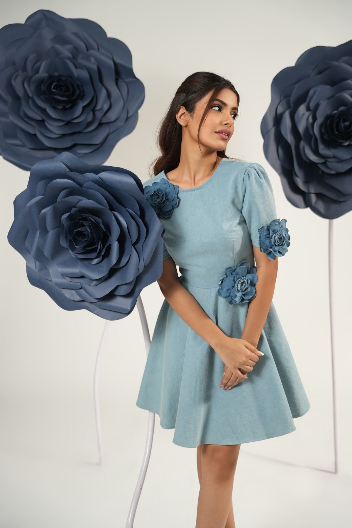 Denim Petal Flare Mini Dress