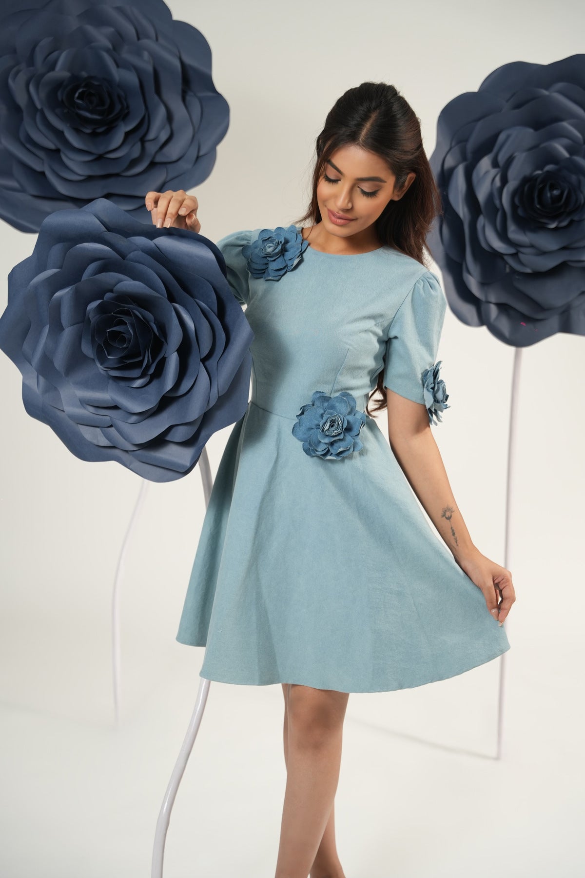 Denim Petal Flare Mini Dress