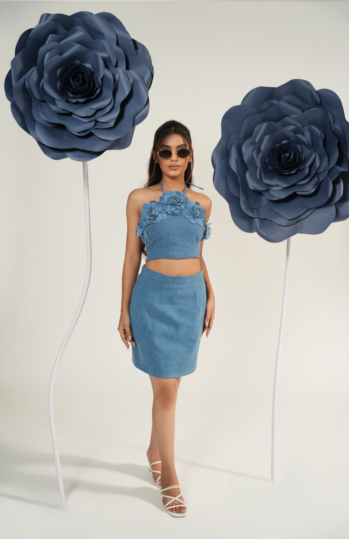 Denim Bloom Halter Crop Top