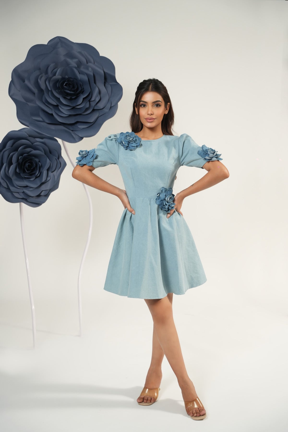 Denim Petal Flare Mini Dress