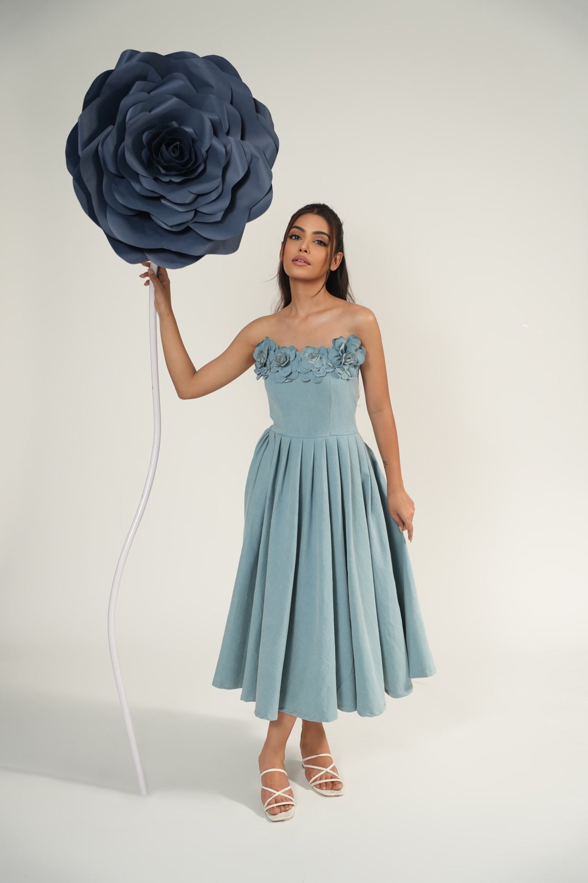 Denim Bloom Pleated Midi Dress