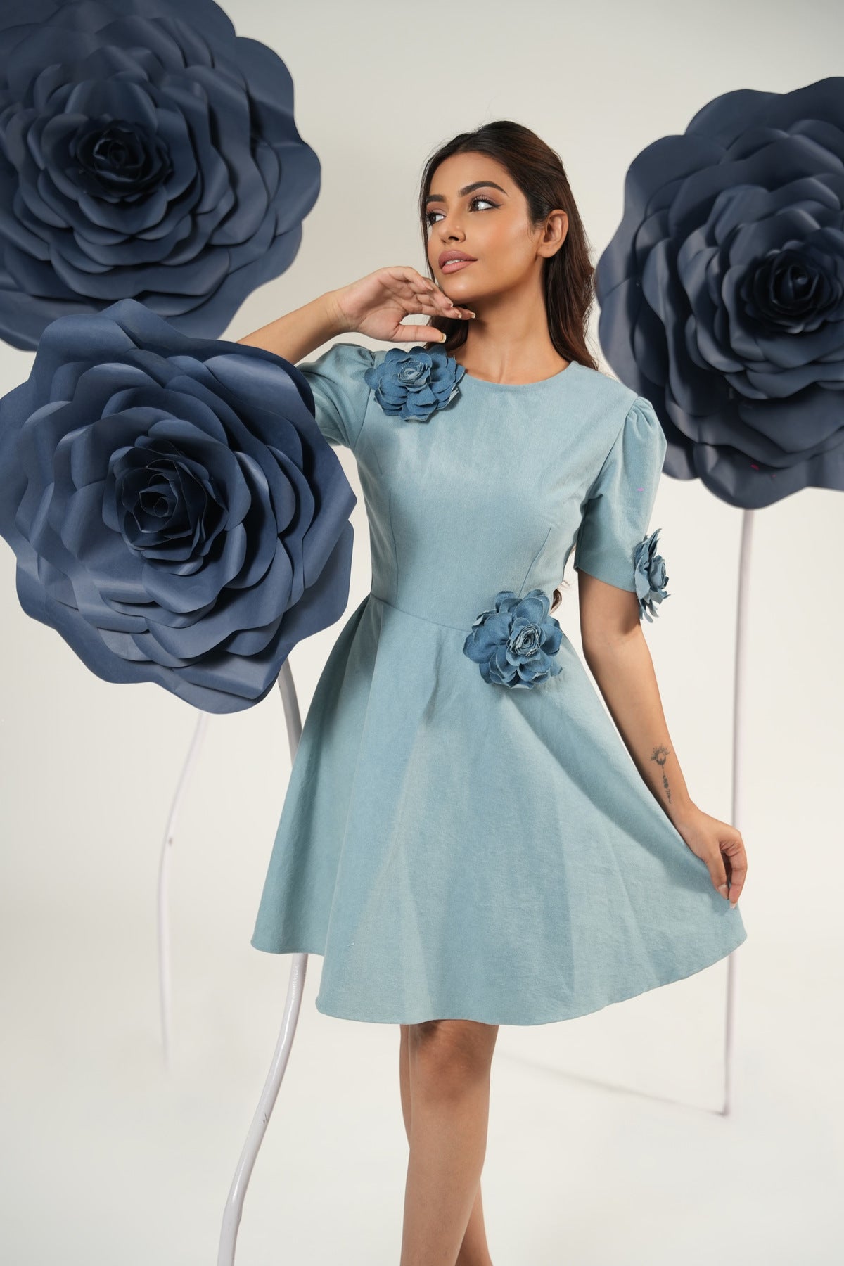 Denim Petal Flare Mini Dress