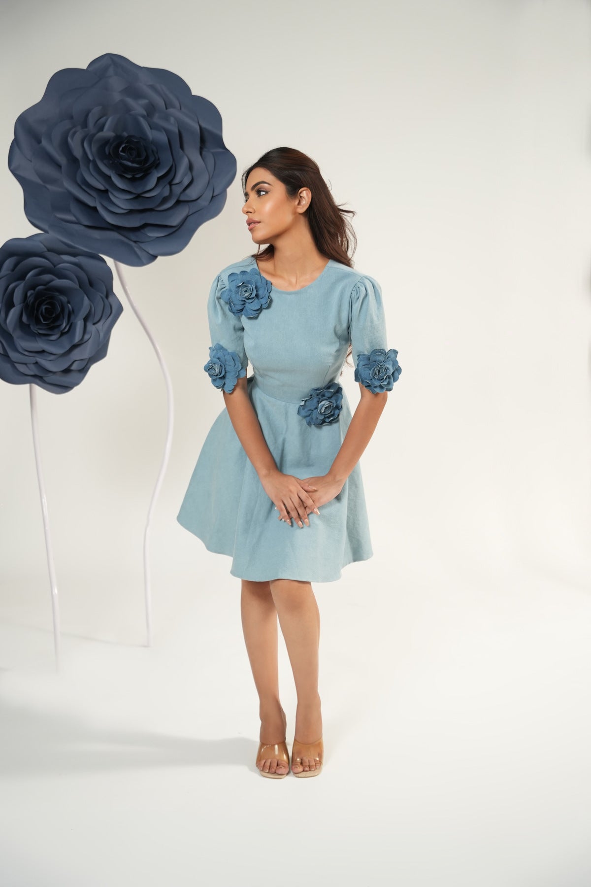 Denim Petal Flare Mini Dress