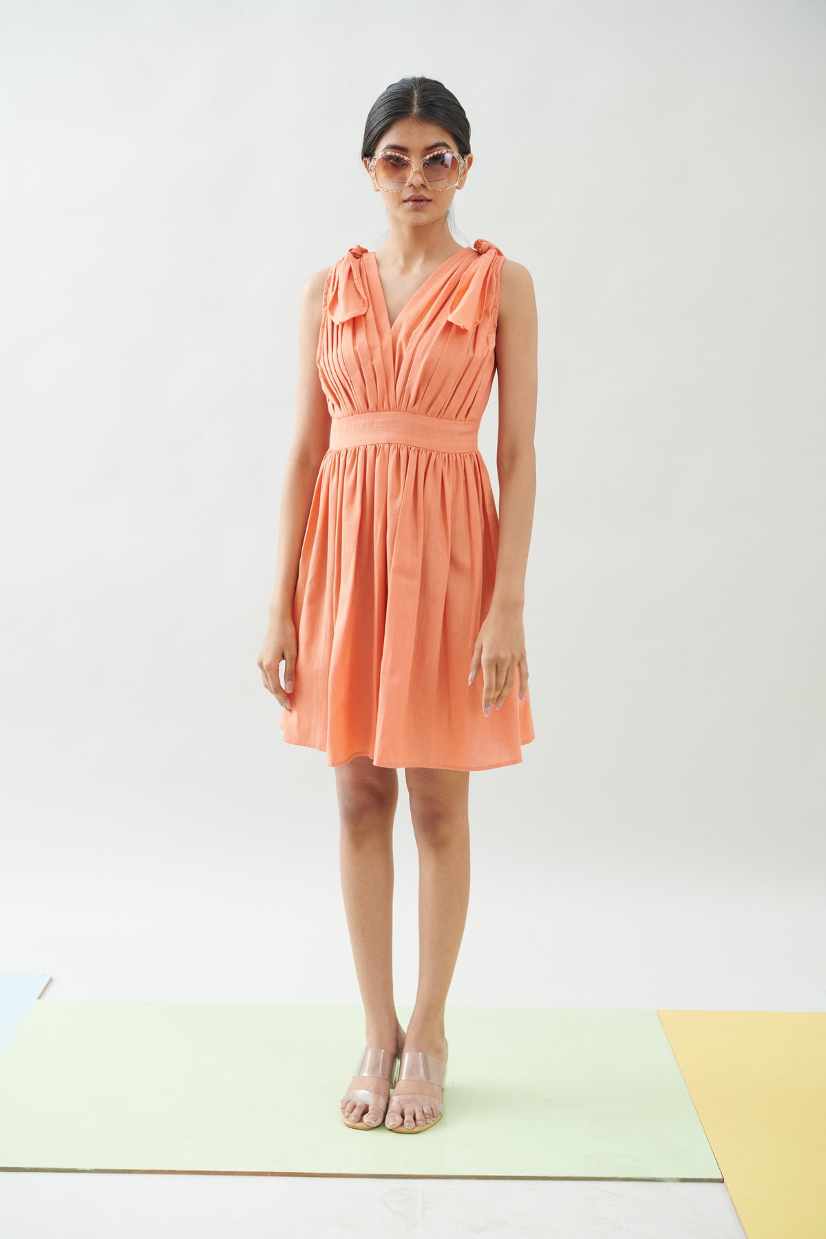 GATHERED TIE UP PEACH MINI DRESS (CB012)