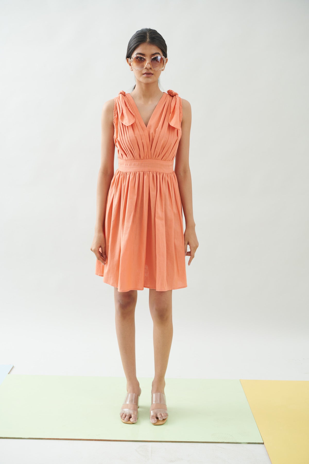 GATHERED TIE UP PEACH MINI DRESS (CB012)