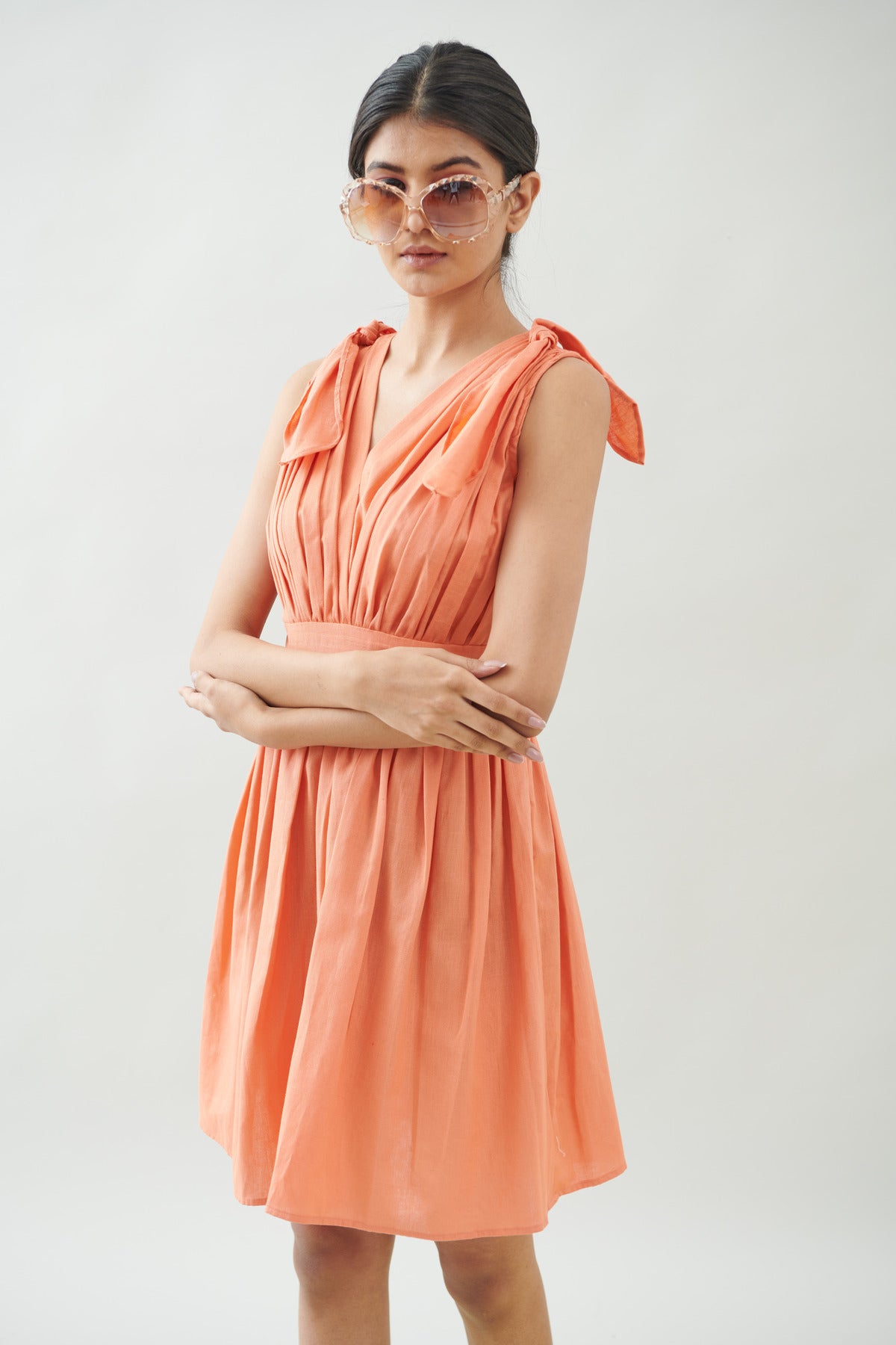 GATHERED TIE UP PEACH MINI DRESS (CB012)