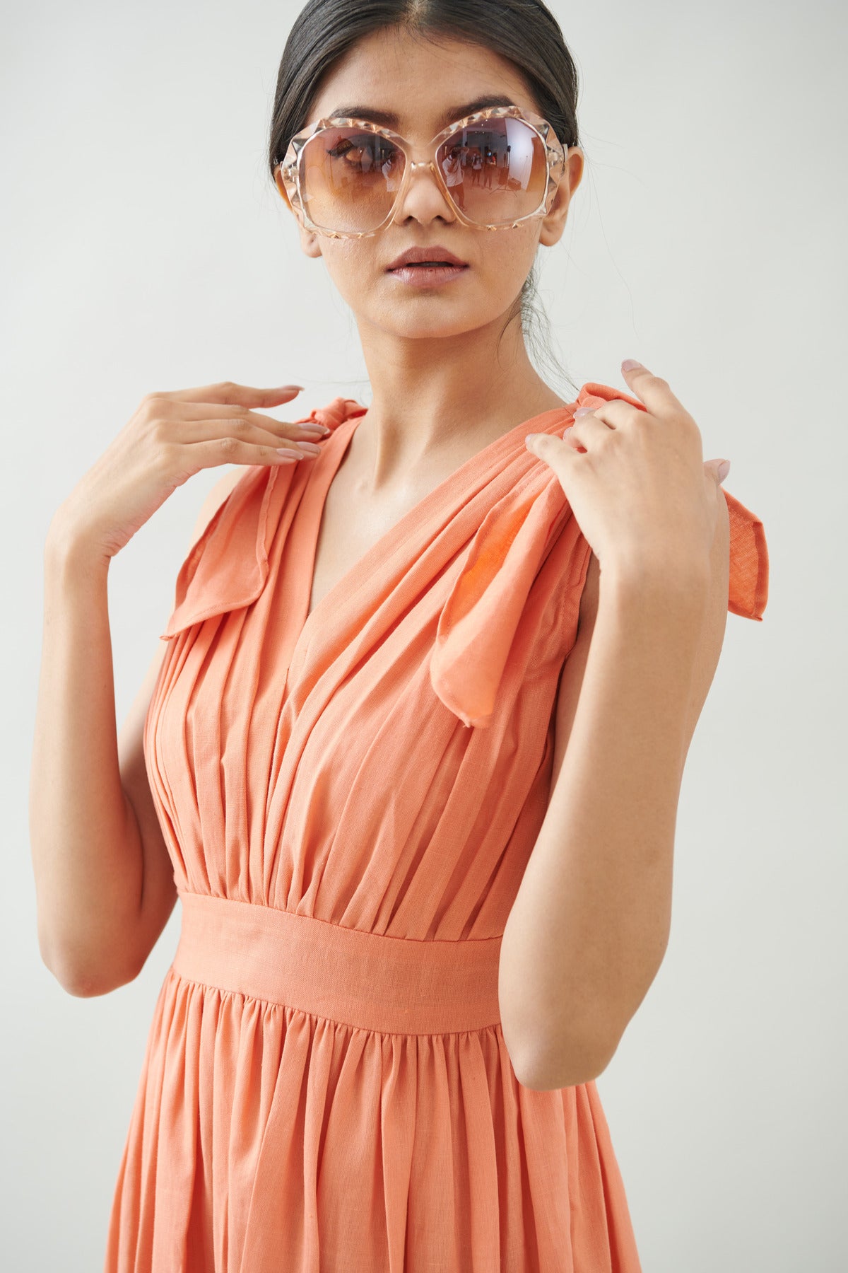 GATHERED TIE UP PEACH MINI DRESS (CB012)