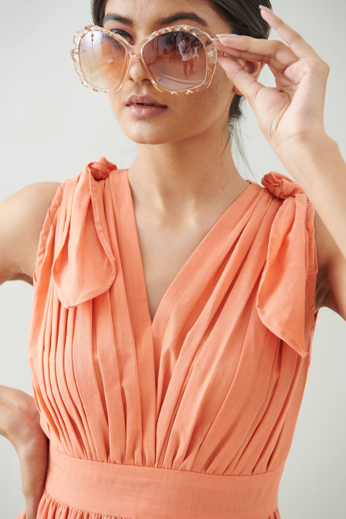GATHERED TIE UP PEACH MINI DRESS (CB012)