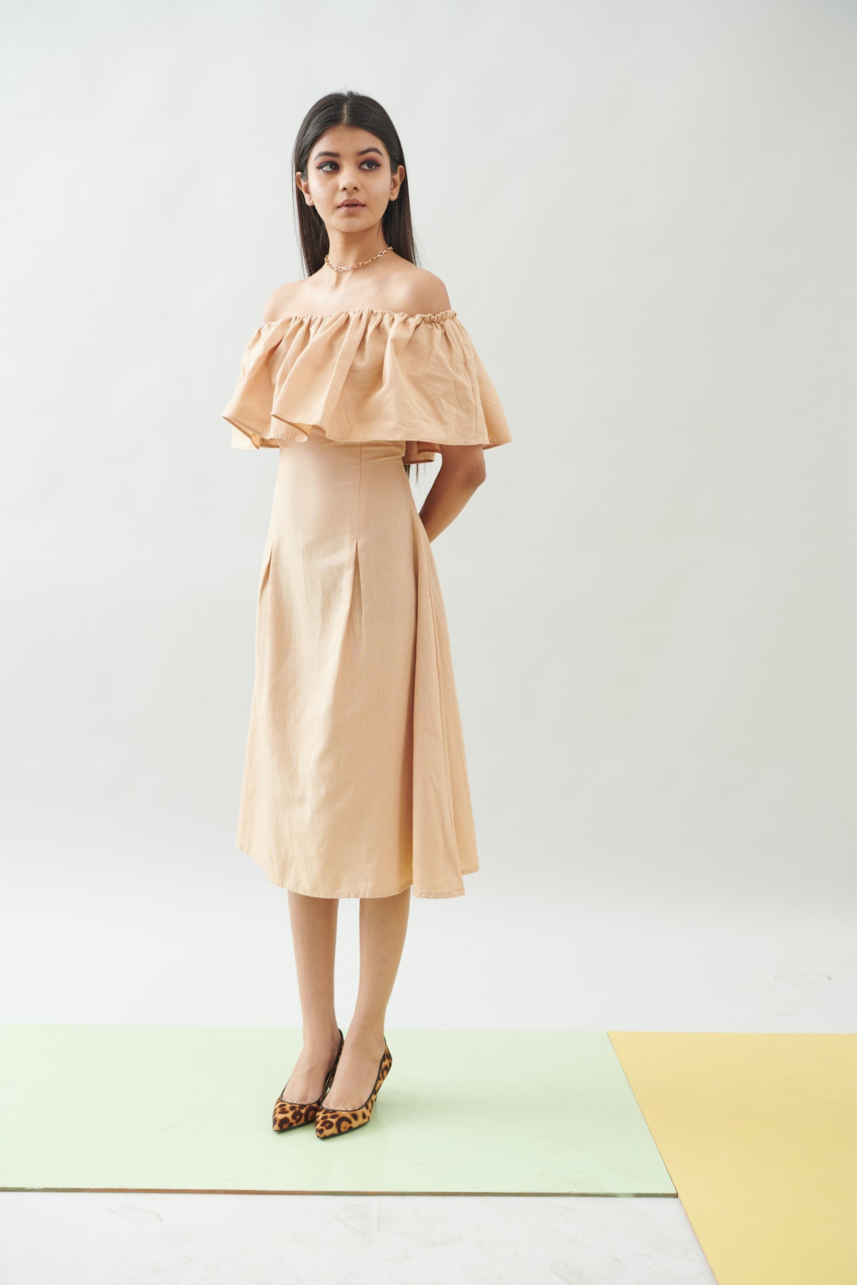 BEIGE OFF SHOULDER FRILL DRESS (CB011)