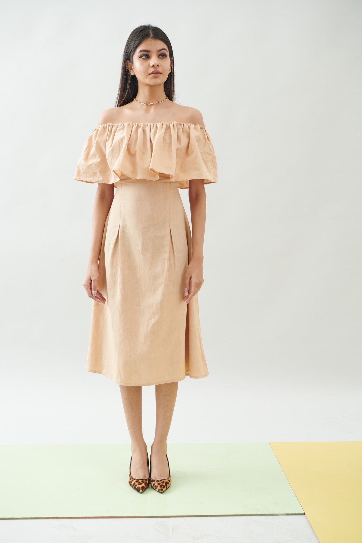 BEIGE OFF SHOULDER FRILL DRESS (CB011)