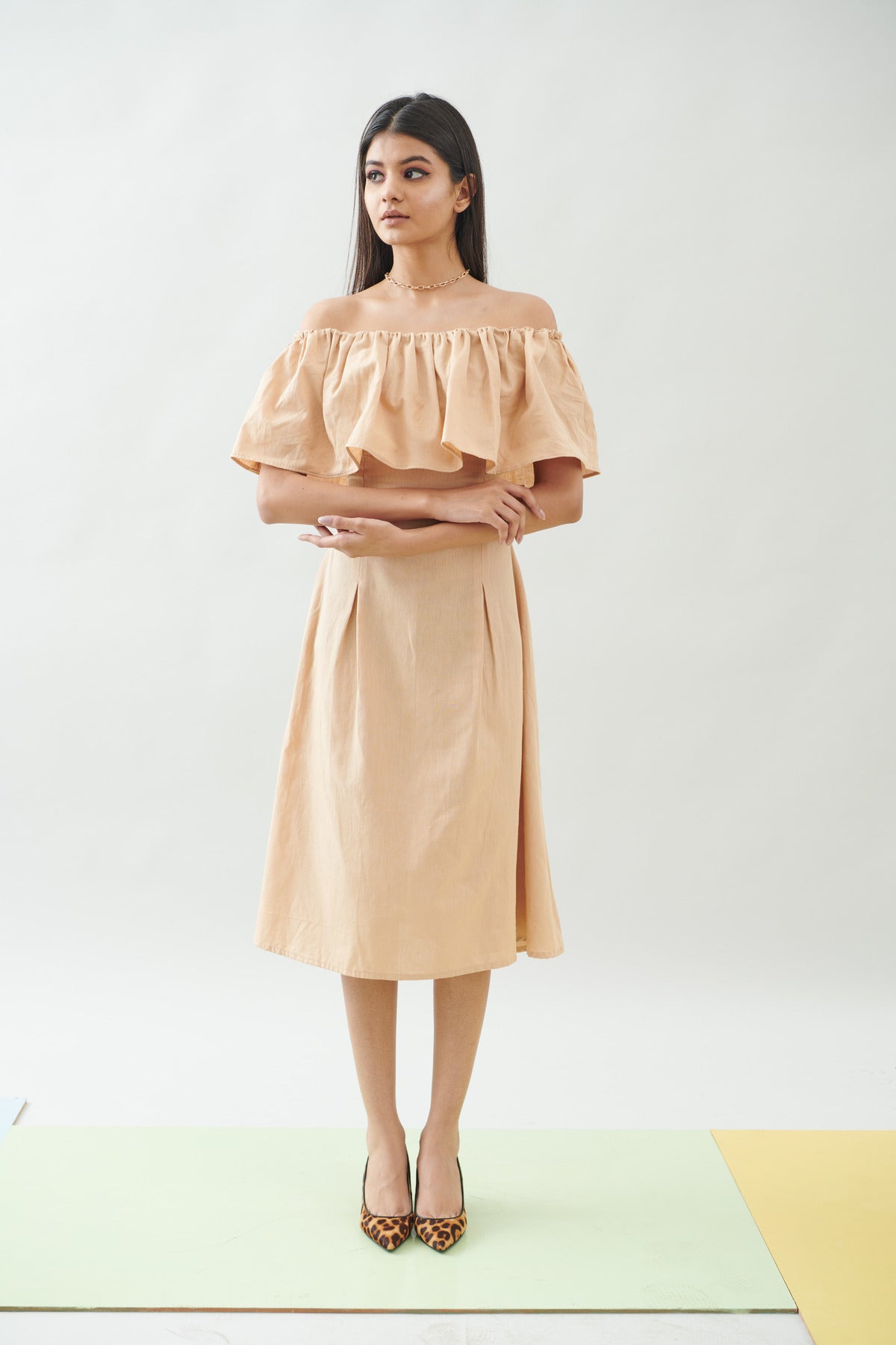 BEIGE OFF SHOULDER FRILL DRESS (CB011)