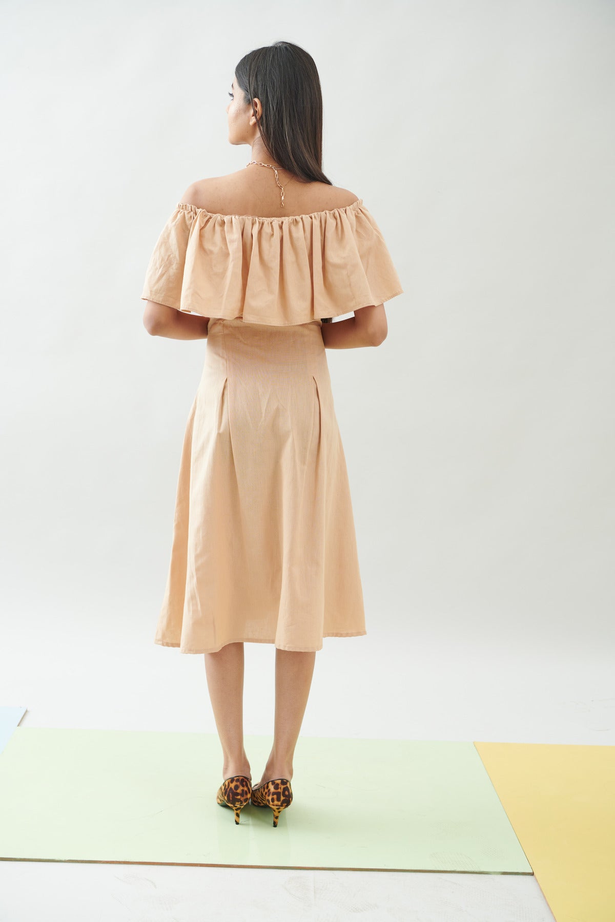BEIGE OFF SHOULDER FRILL DRESS (CB011)