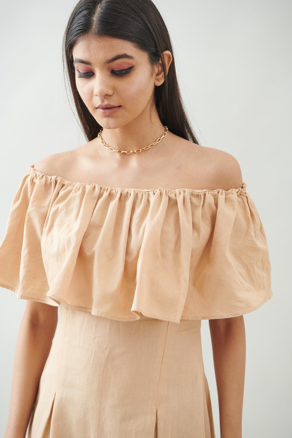 BEIGE OFF SHOULDER FRILL DRESS (CB011)