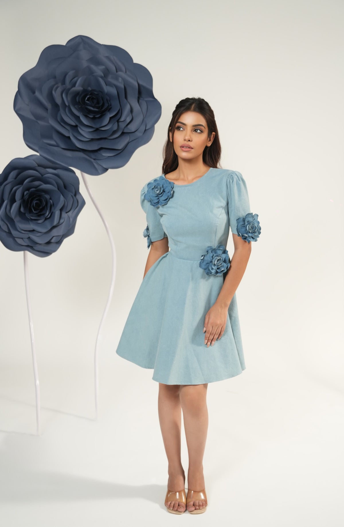 Denim Petal Flare Mini Dress