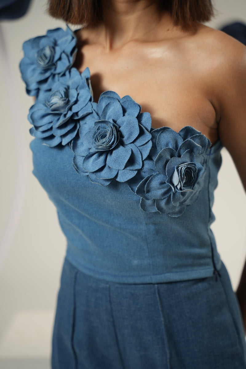 Bloom One-Shoulder Denim Crop