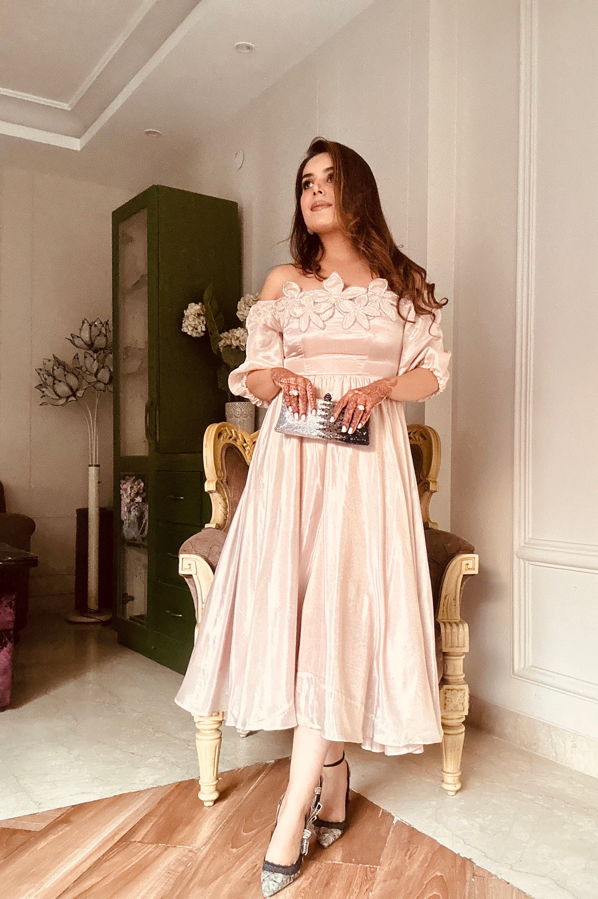 Weaving Cult Rose Gold Tissue Embellished Off Shoulder Dress