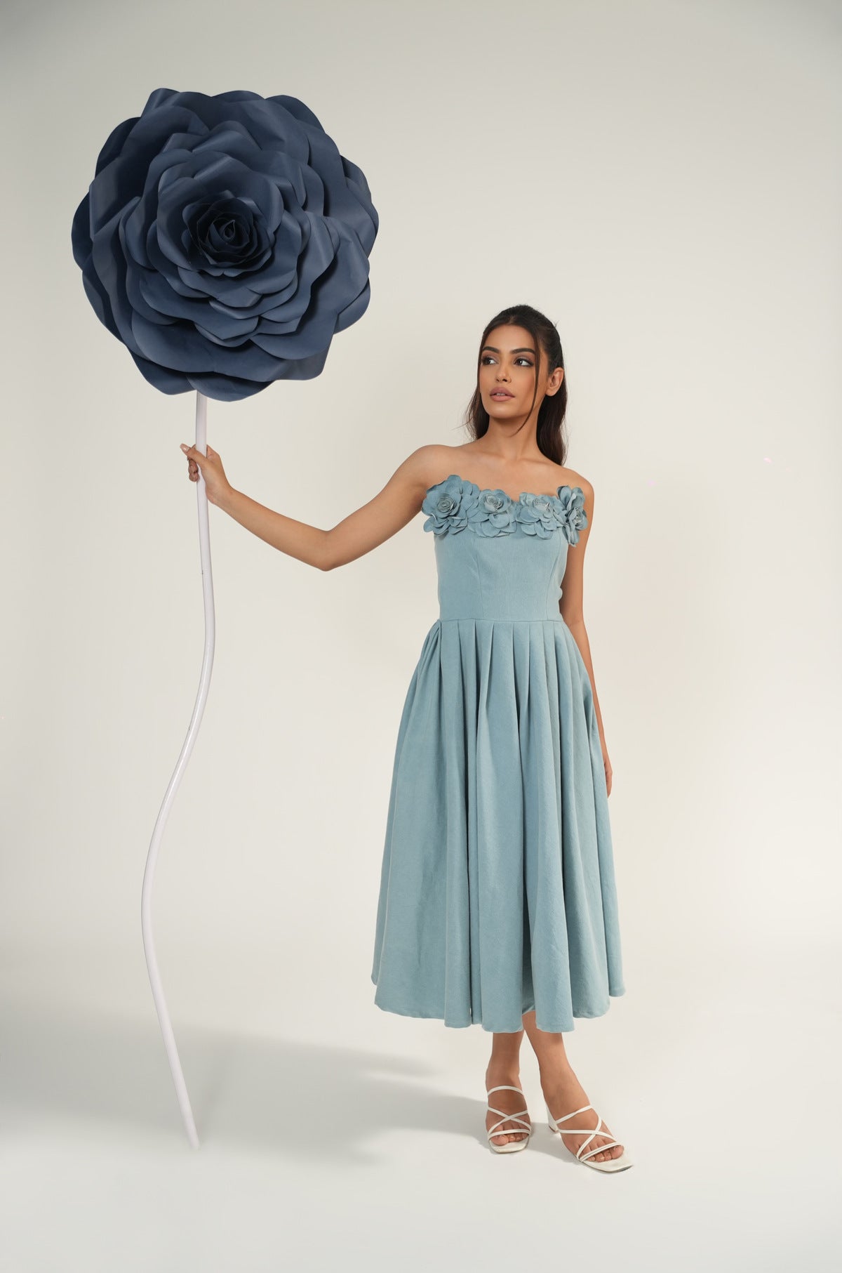 Denim Bloom Pleated Midi Dress