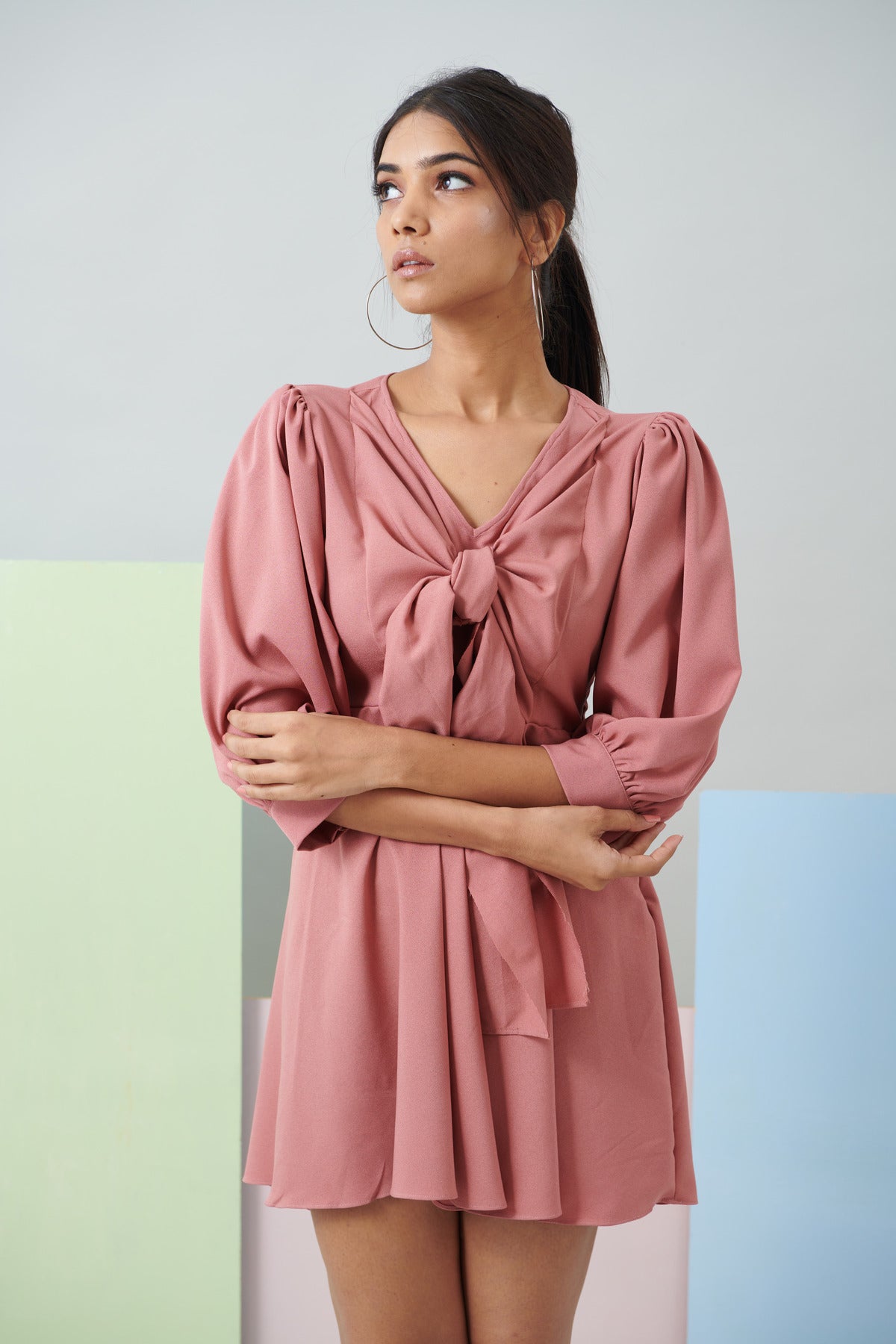 DUSKY PINK FRONT BOW TIE DRESS (CB008)