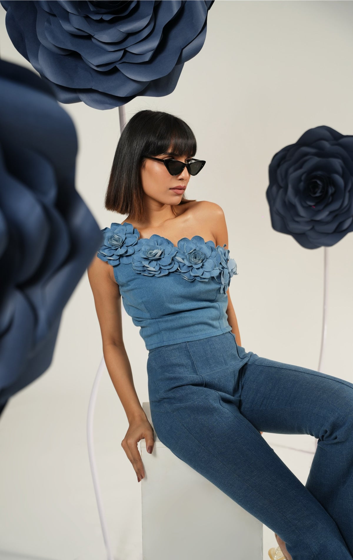 Bloom One-Shoulder Denim top