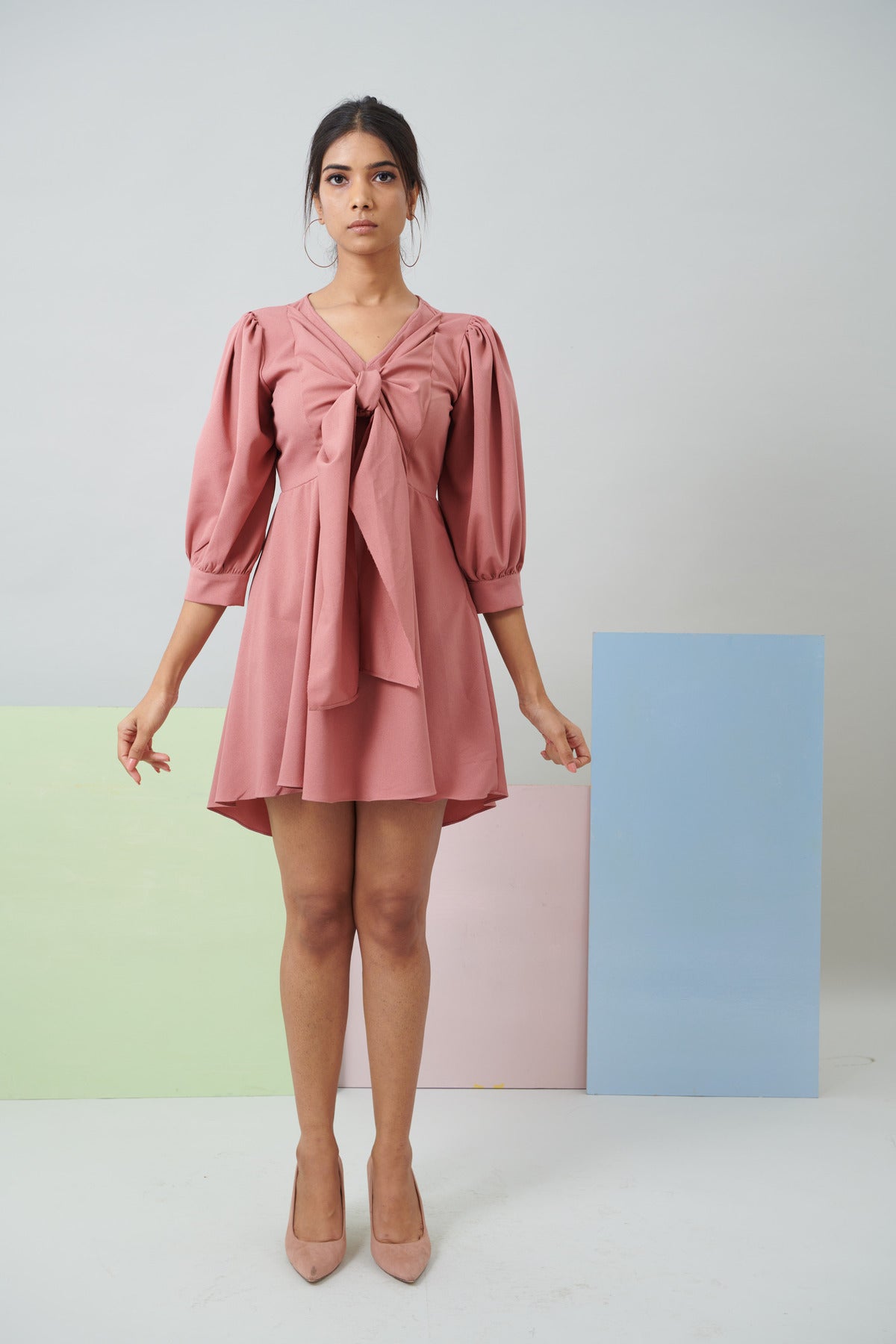 DUSKY PINK FRONT BOW TIE DRESS (CB008)