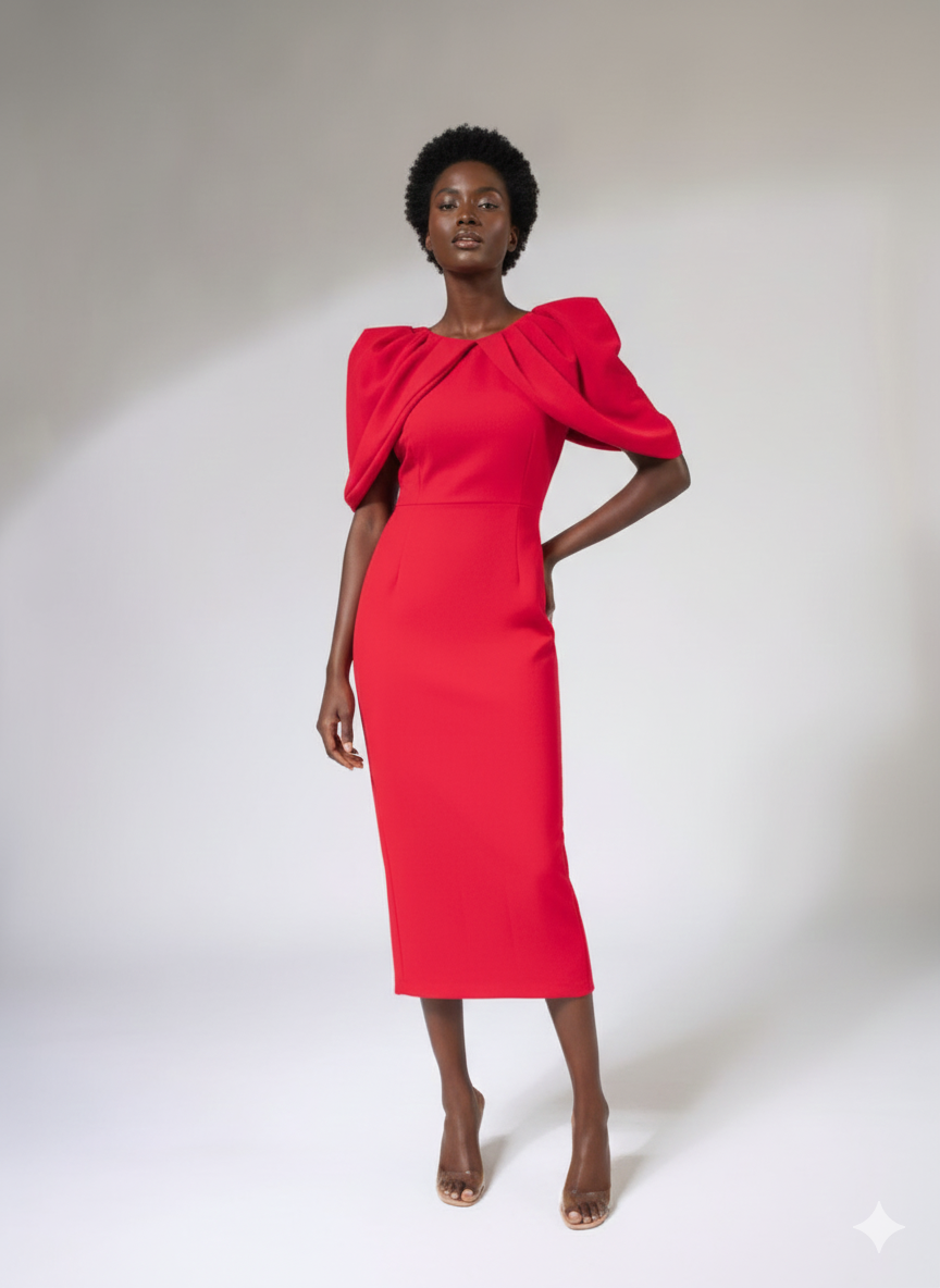 WEAVING CULT RED DRAMATIC PLEATED SLEEVE MIDI DRESS
