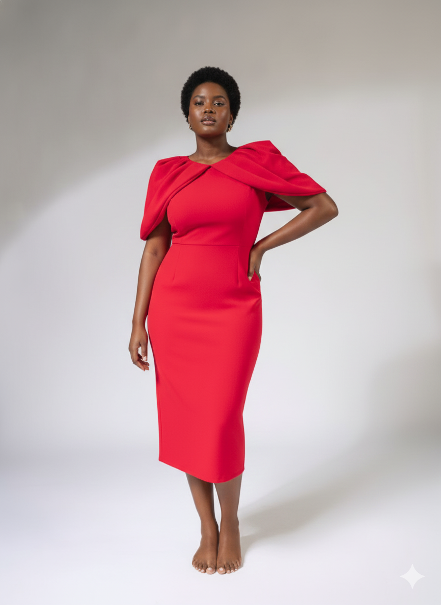 WEAVING CULT RED DRAMATIC PLEATED SLEEVE MIDI DRESS