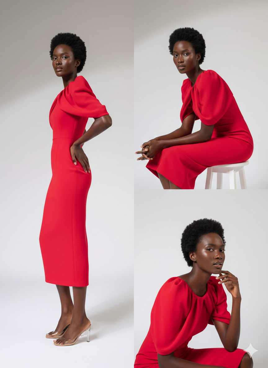 WEAVING CULT RED DRAMATIC PLEATED SLEEVE MIDI DRESS