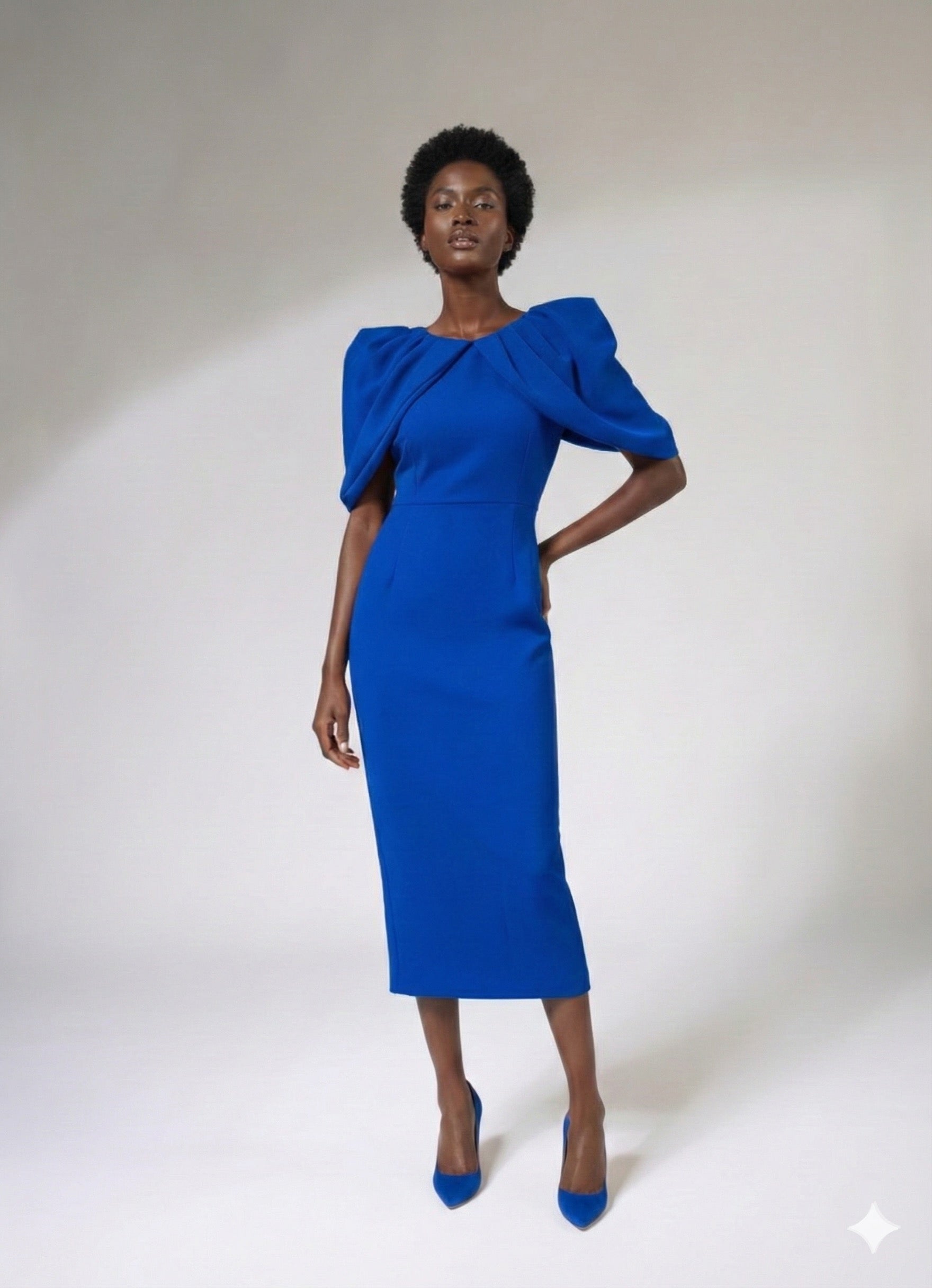 WEAVING CULT RED DRAMATIC PLEATED SLEEVE MIDI DRESS