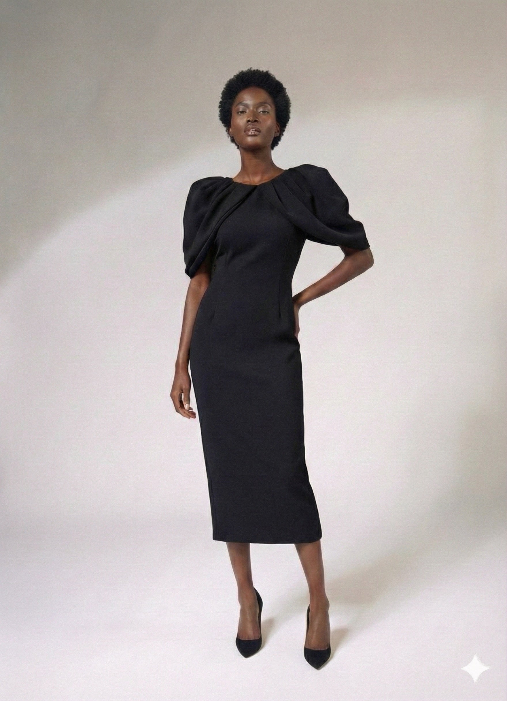 WEAVING CULT RED DRAMATIC PLEATED SLEEVE MIDI DRESS