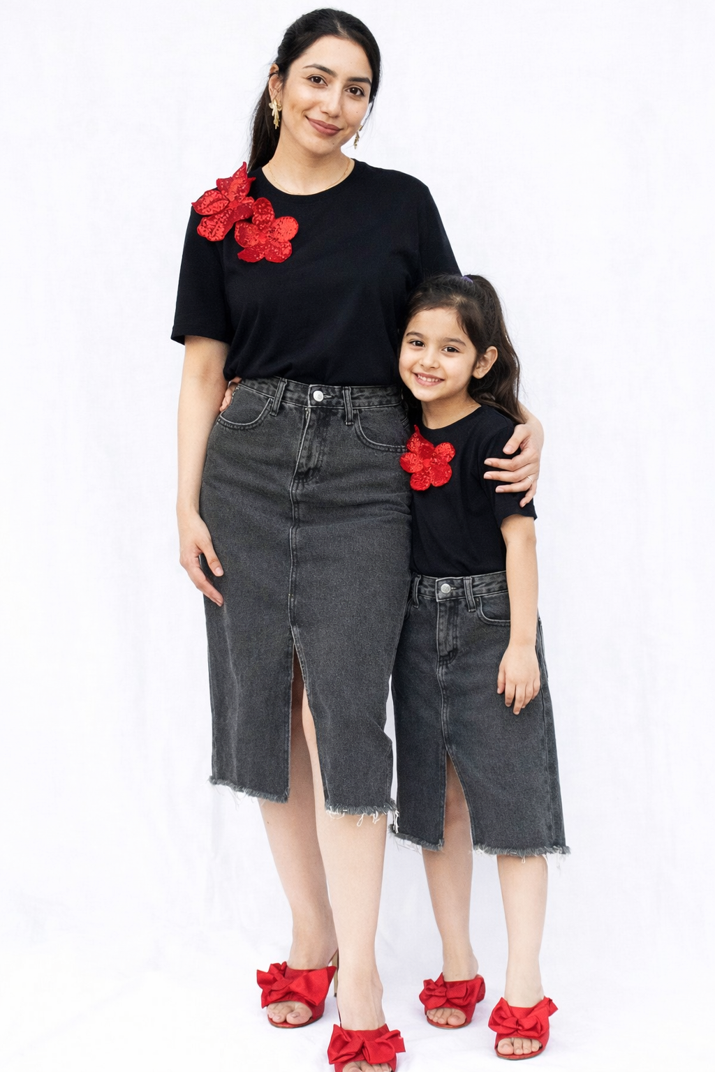 Black Tshirt With Red Sequin Flowers (Pack of 2)