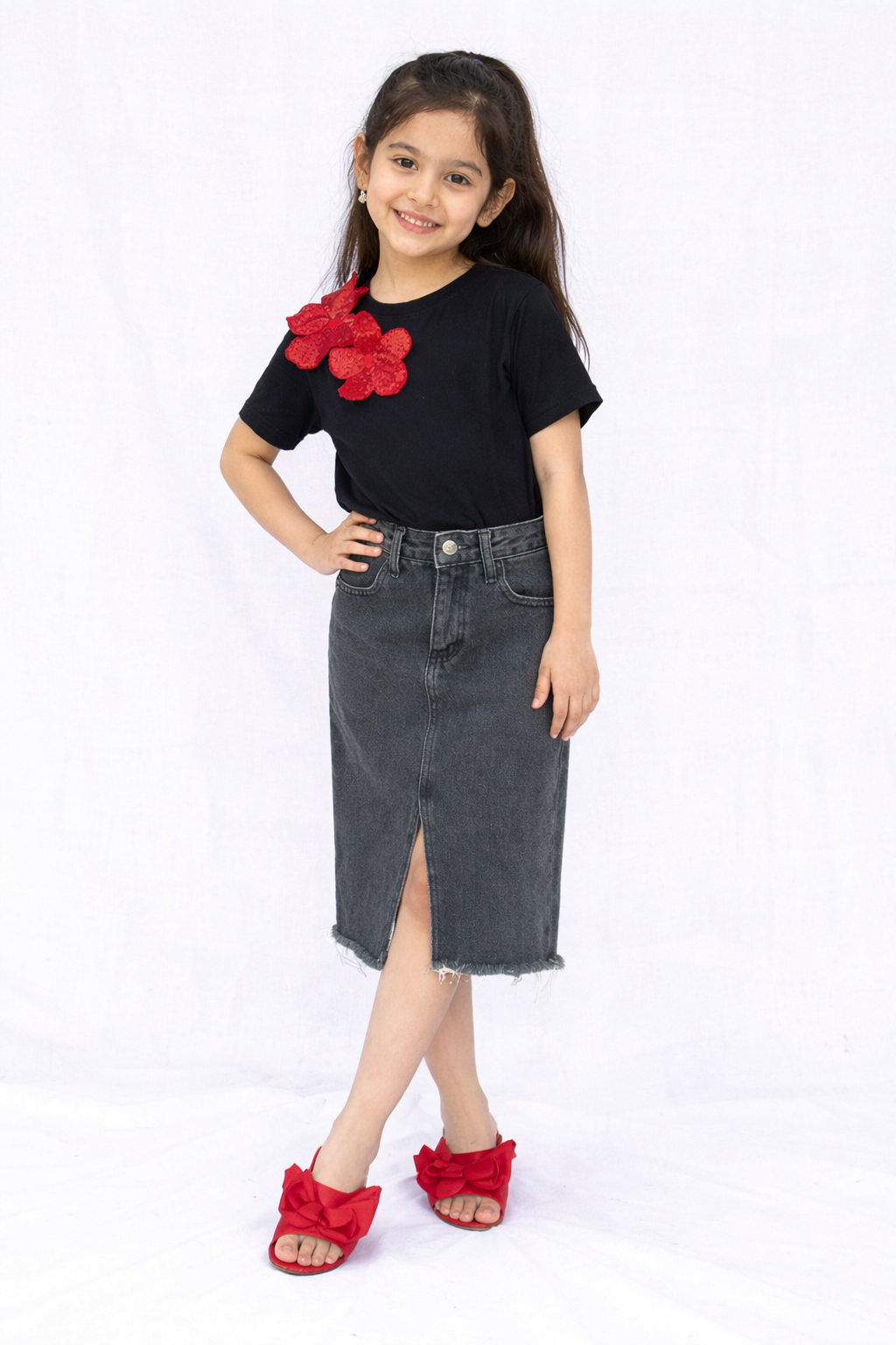 Black Tshirt With Red Sequin Flowers (Only for kids)