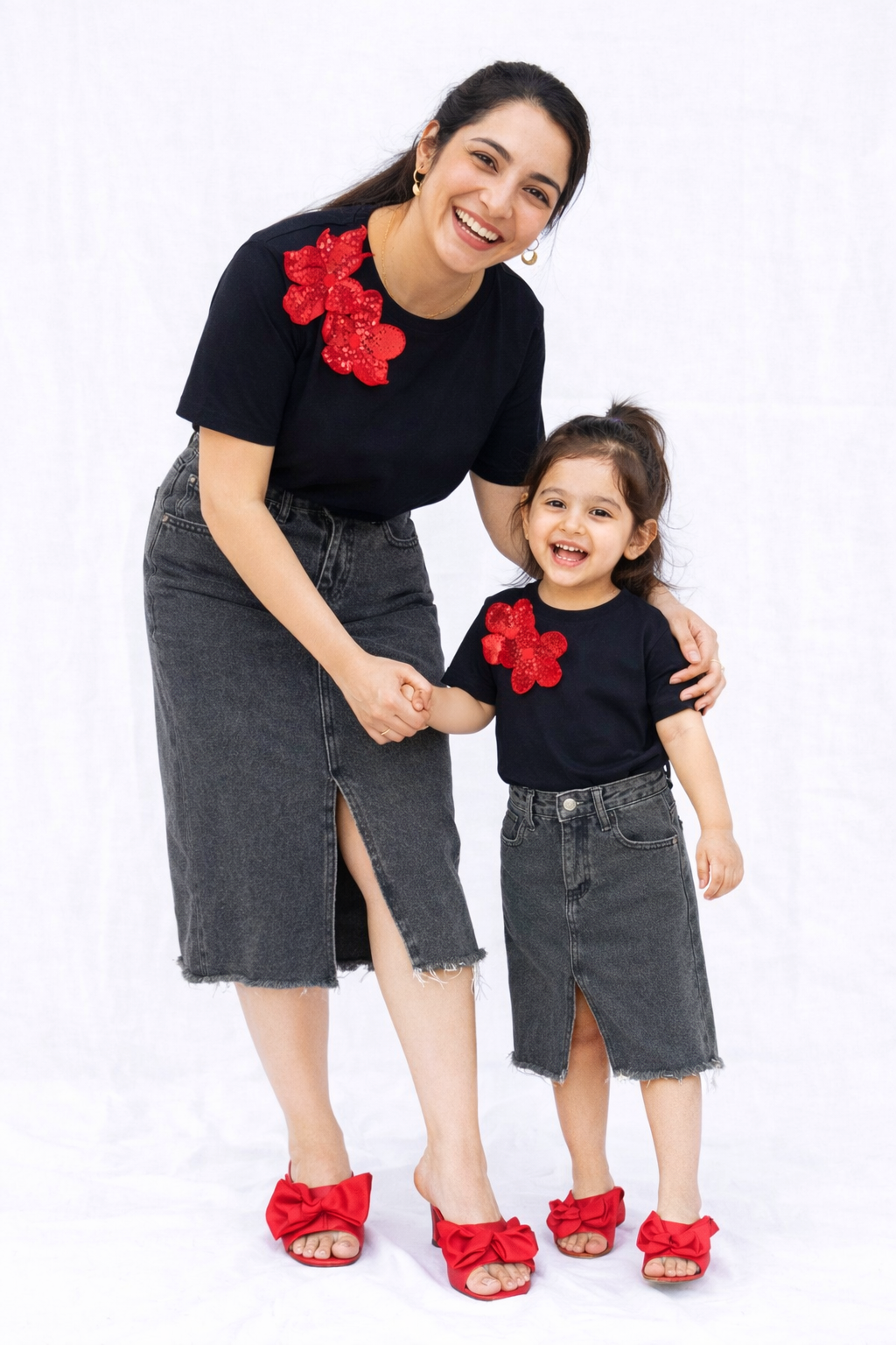 Black Tshirt With Red Sequin Flowers