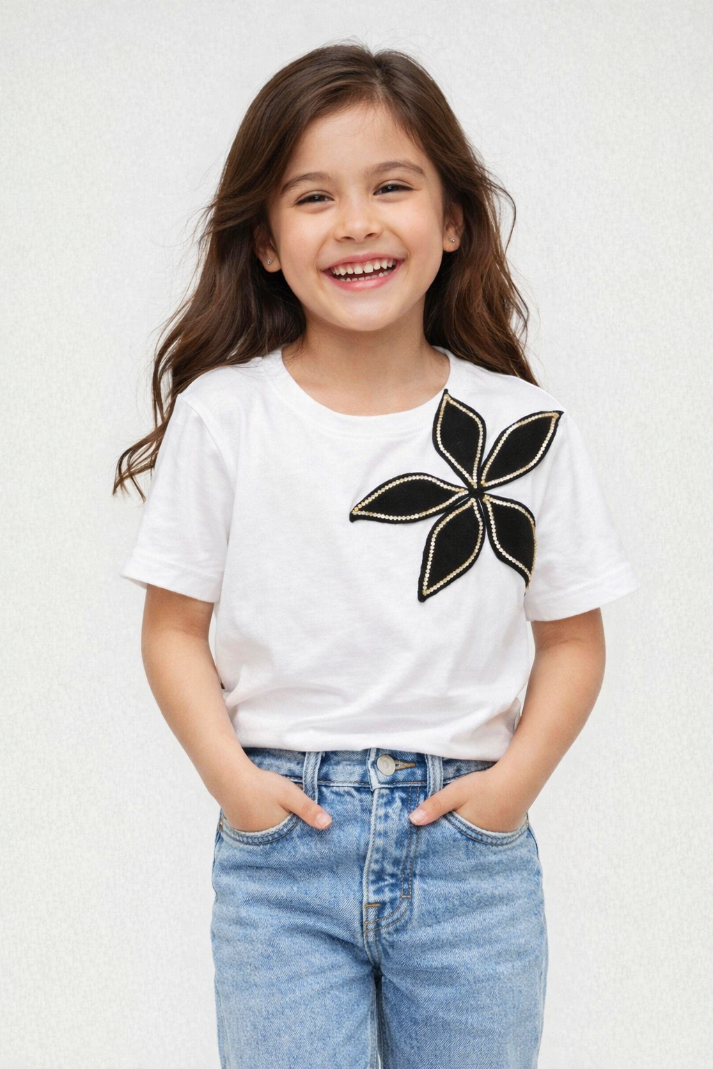 White Tshirt With Rhinestone Flower (Only for kids)