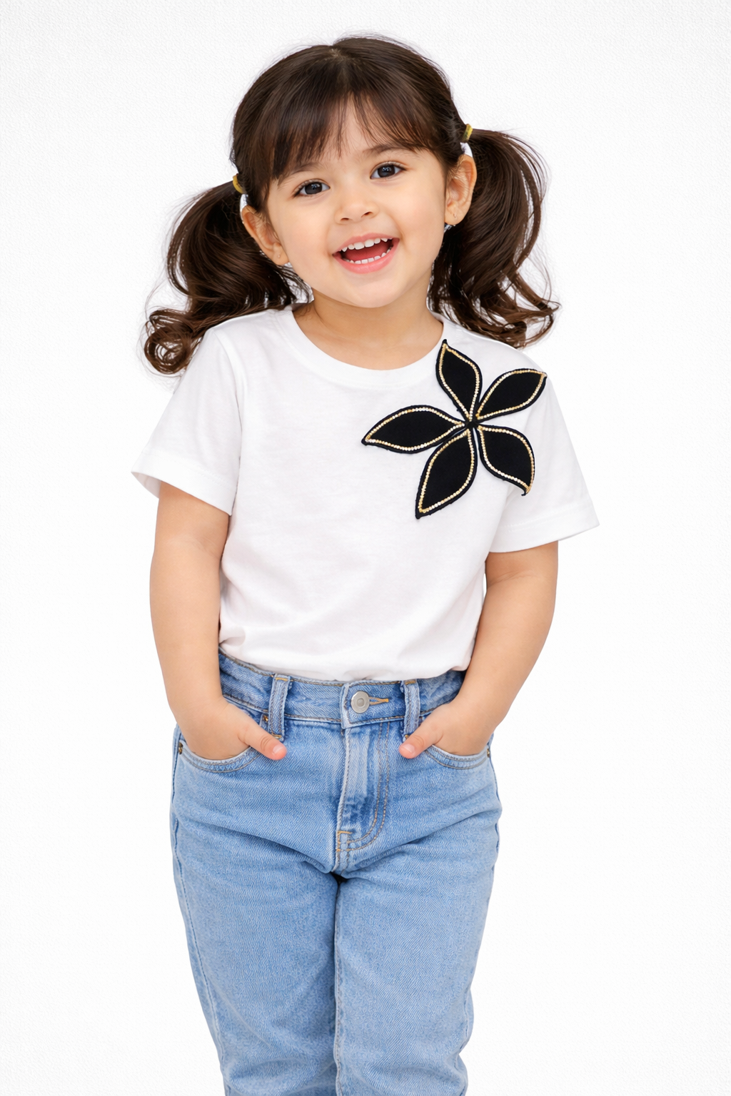 White Tshirt With Rhinestone Flower