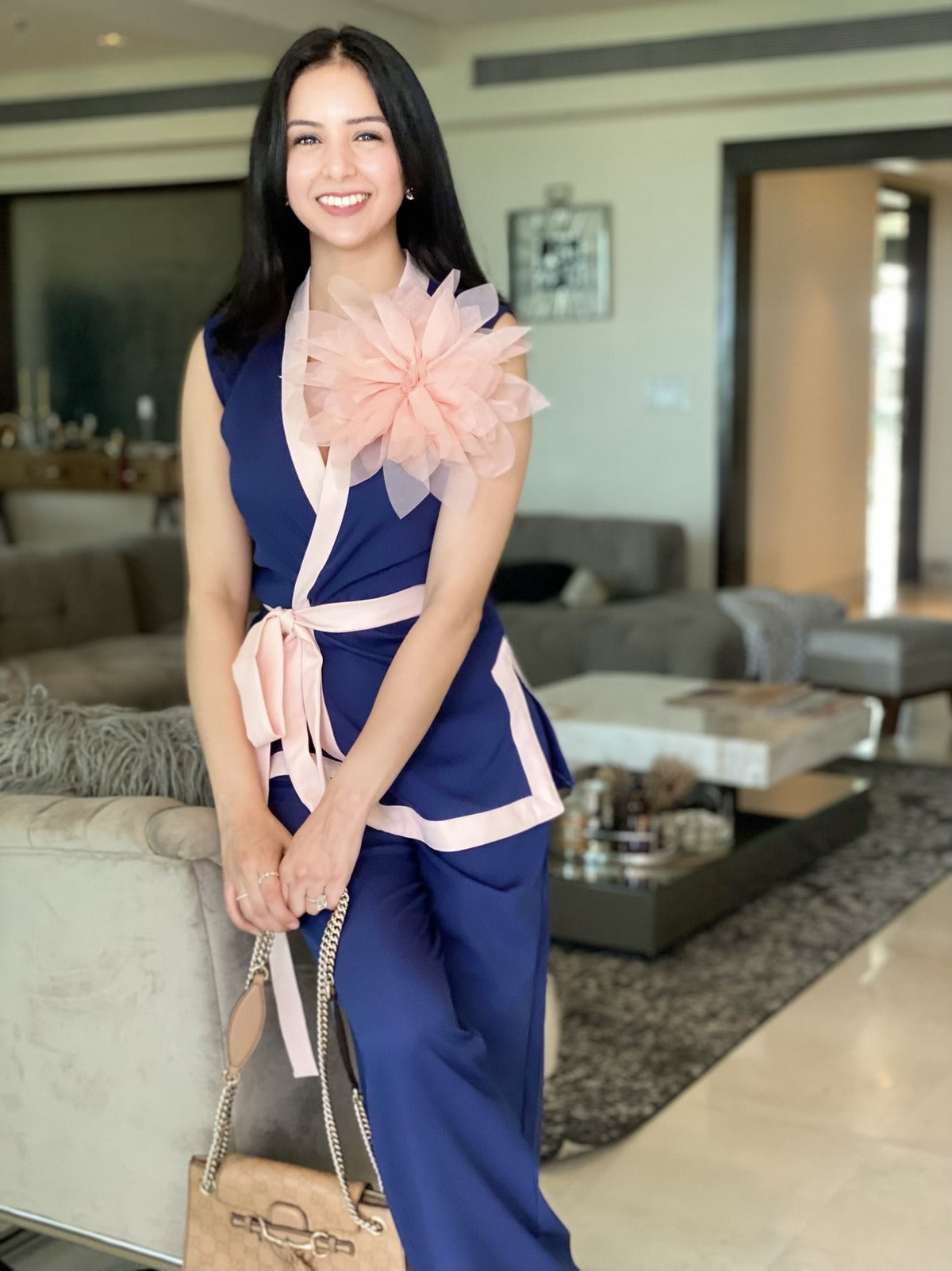 ROYAL BLUE SLEEVELESS SUIT WITH PEONY 3D FLOWER