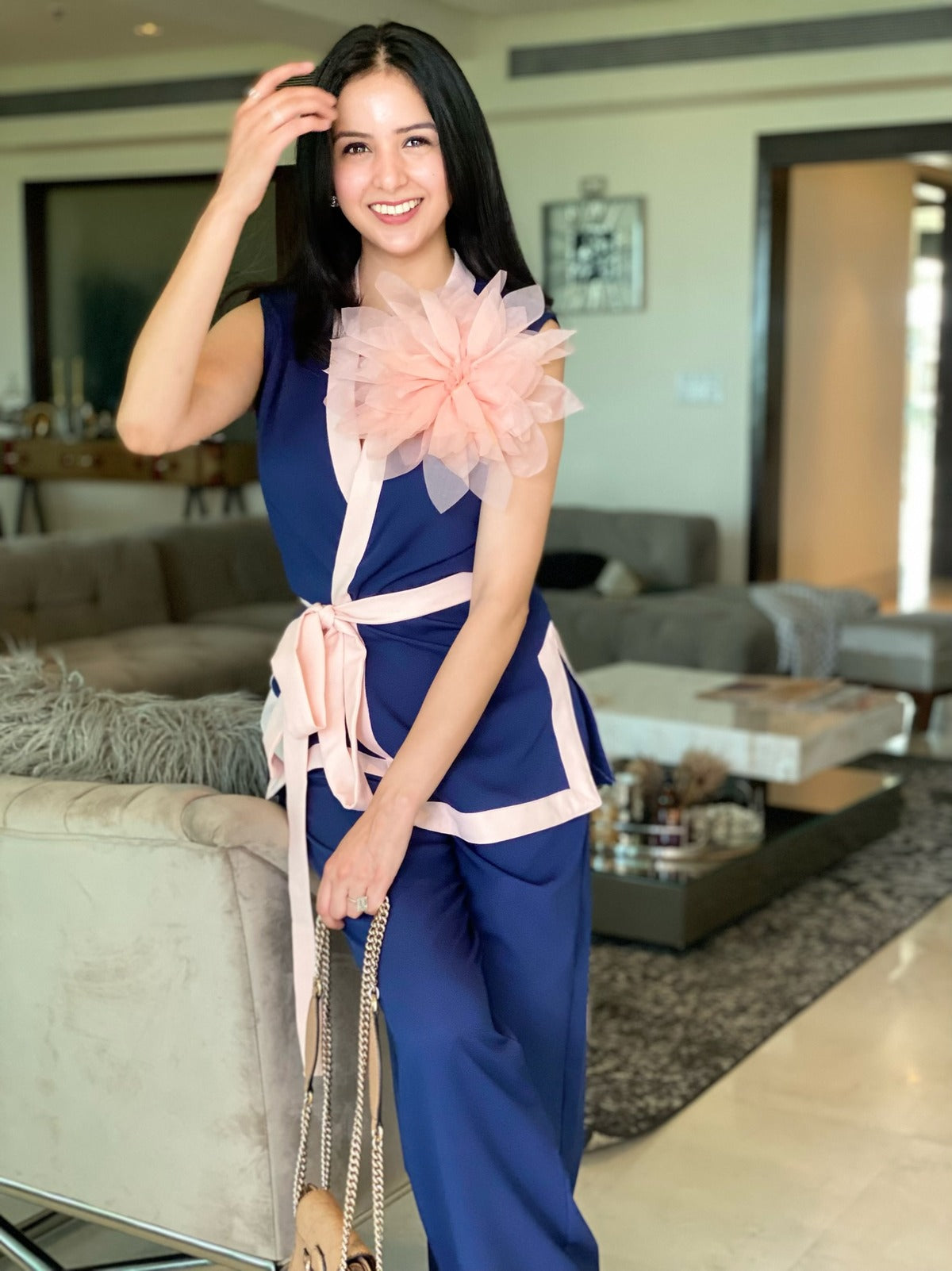 ROYAL BLUE SLEEVELESS SUIT WITH PEONY 3D FLOWER