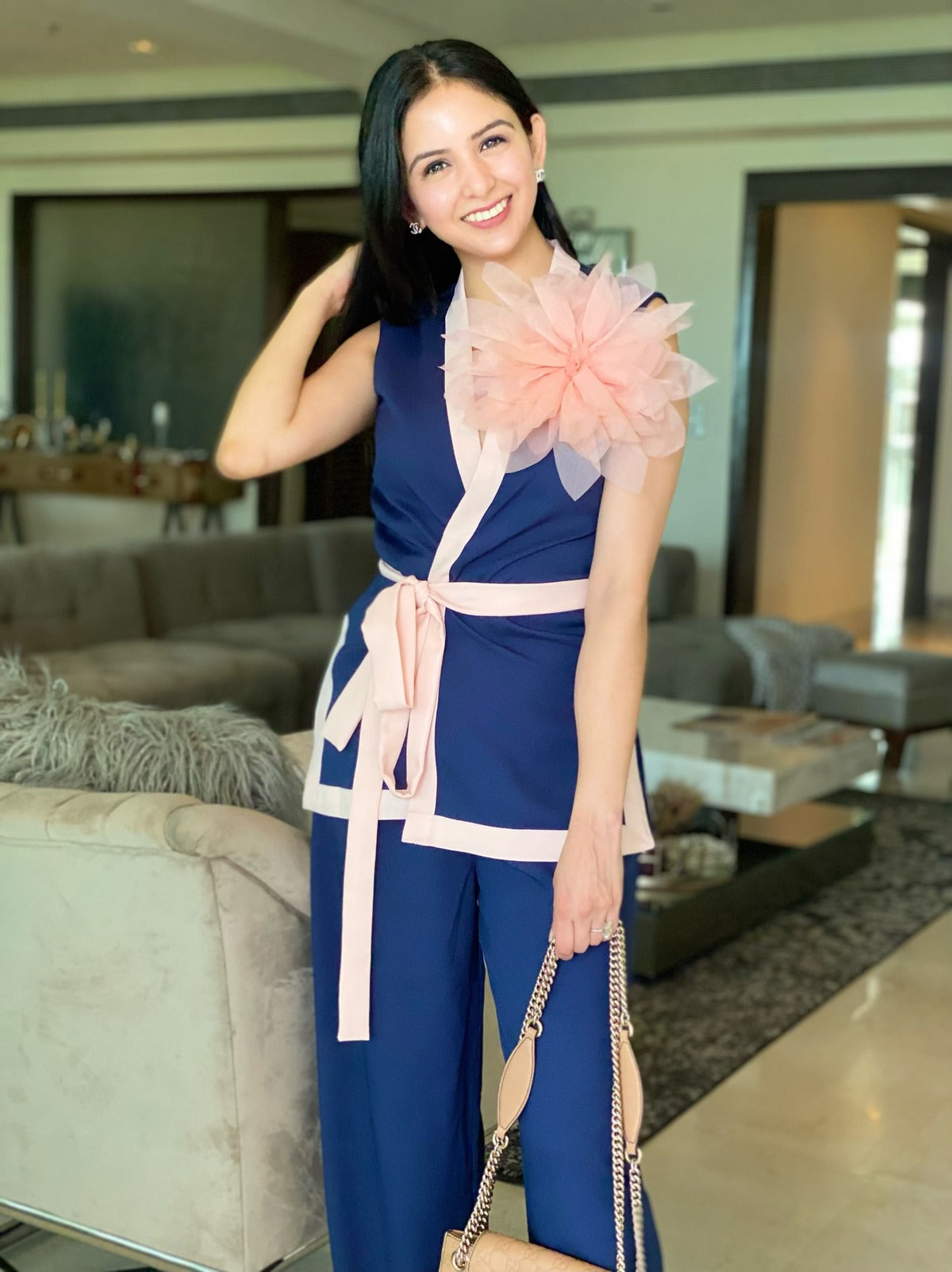 ROYAL BLUE SLEEVELESS SUIT WITH PEONY 3D FLOWER