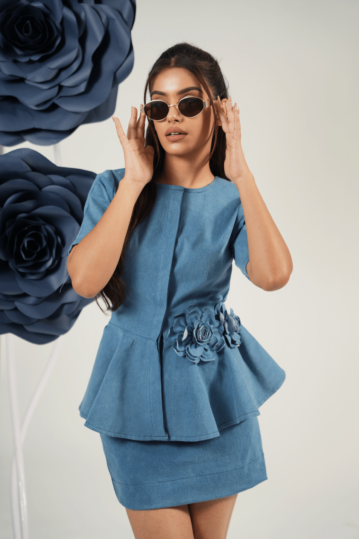 Floral Embrace Peplum Denim Coord Set Xs