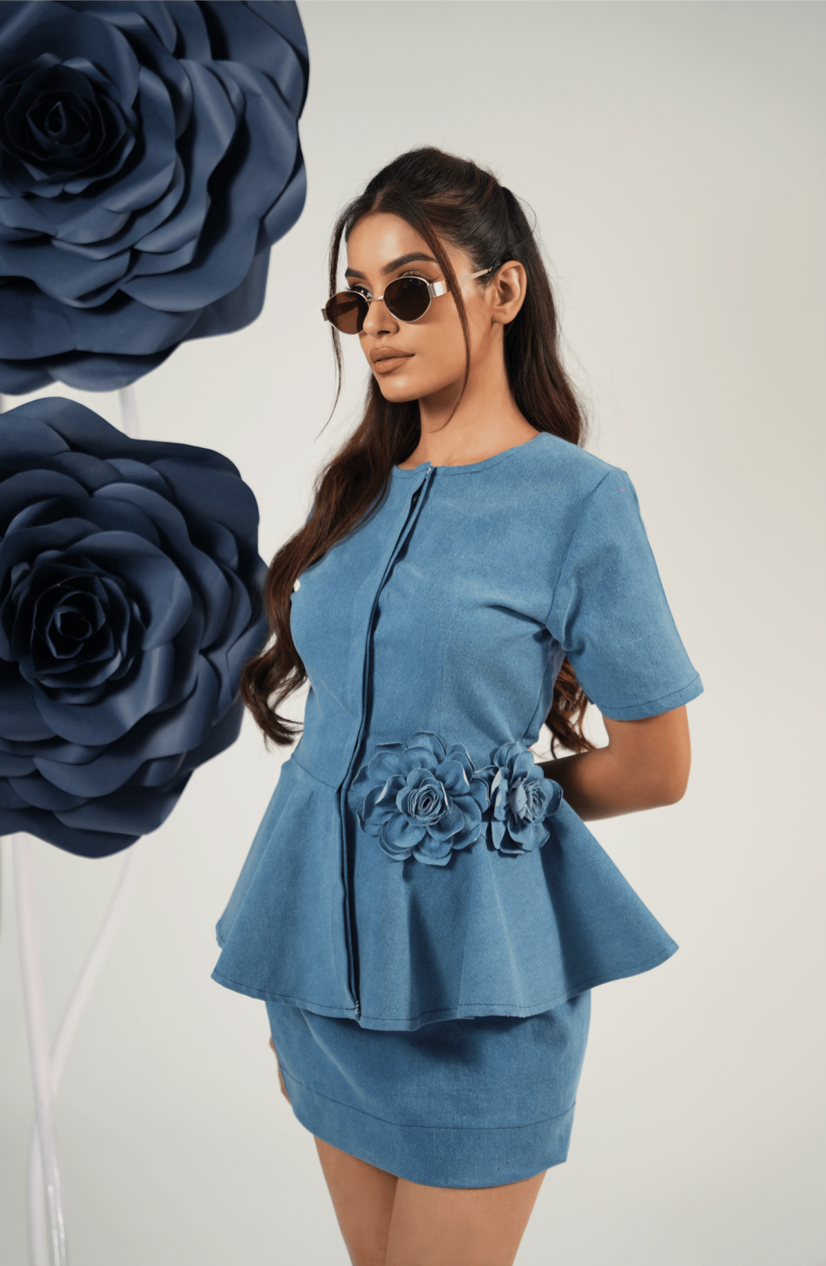 Floral Embrace Peplum Denim Coord Set