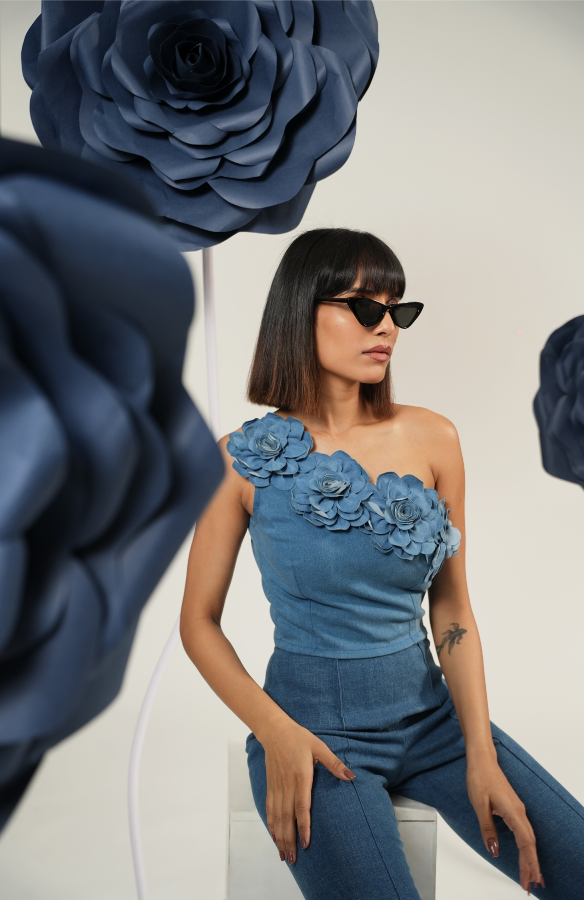 Bloom One-Shoulder Denim Crop