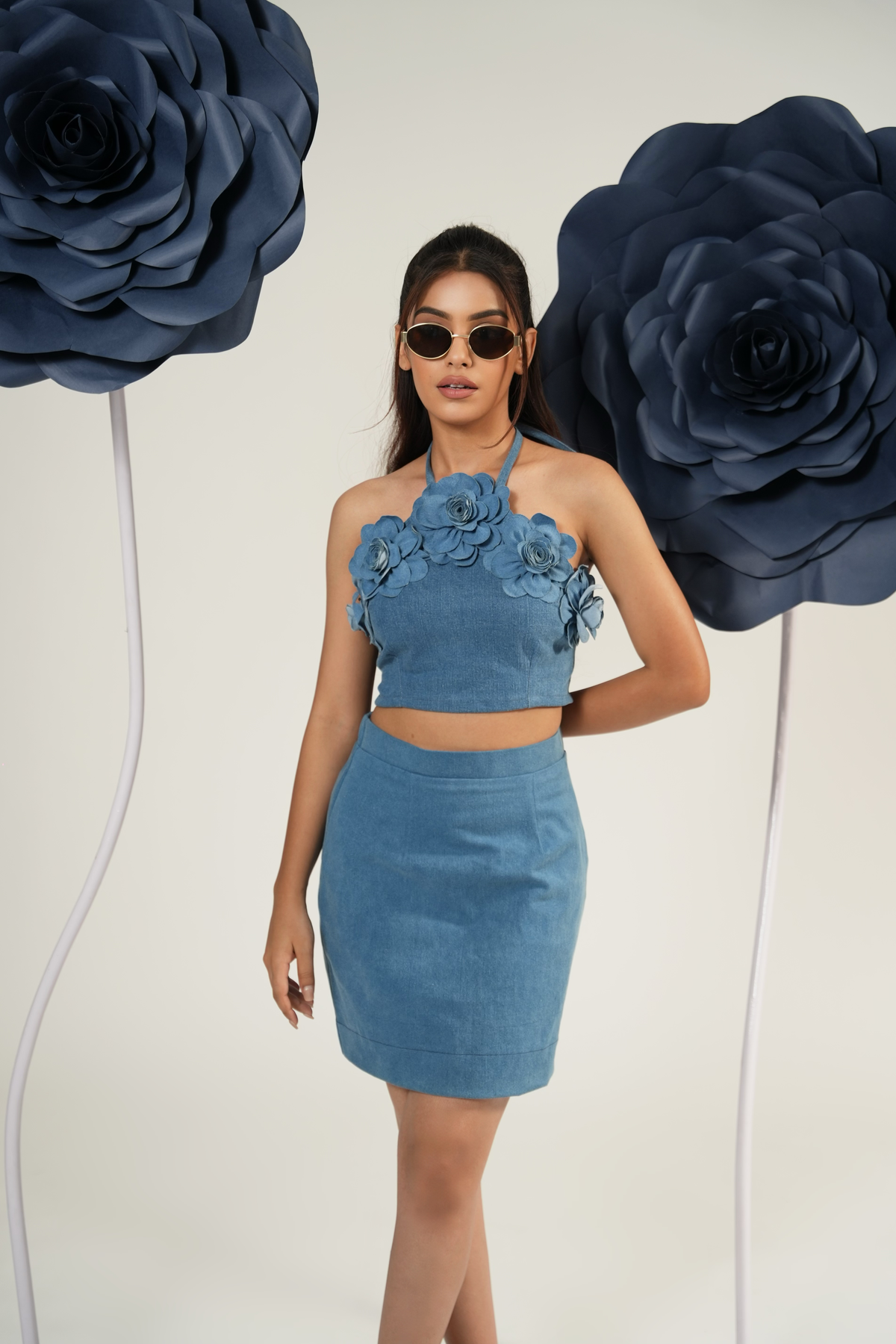 Denim Bloom Halter Crop Top