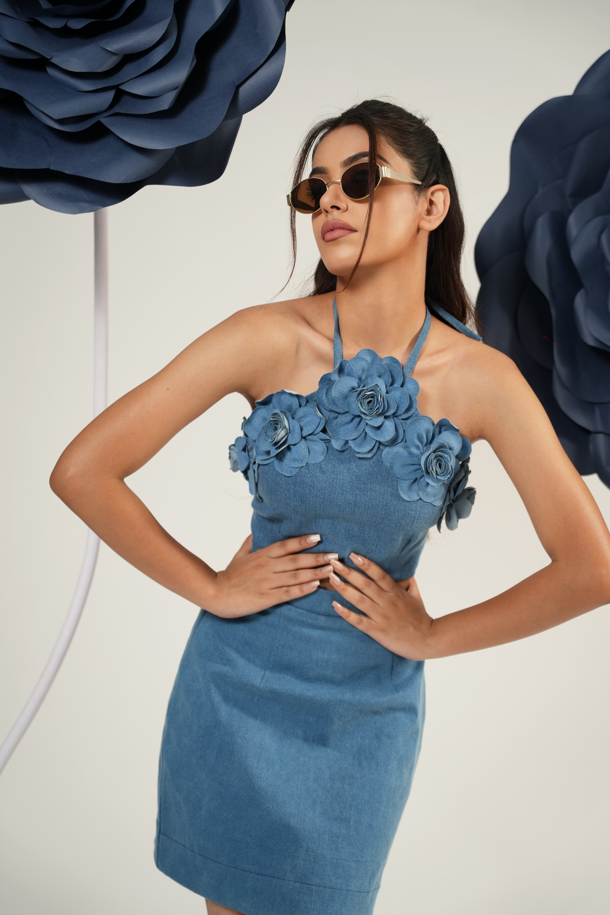 Denim Bloom Halter Crop Top