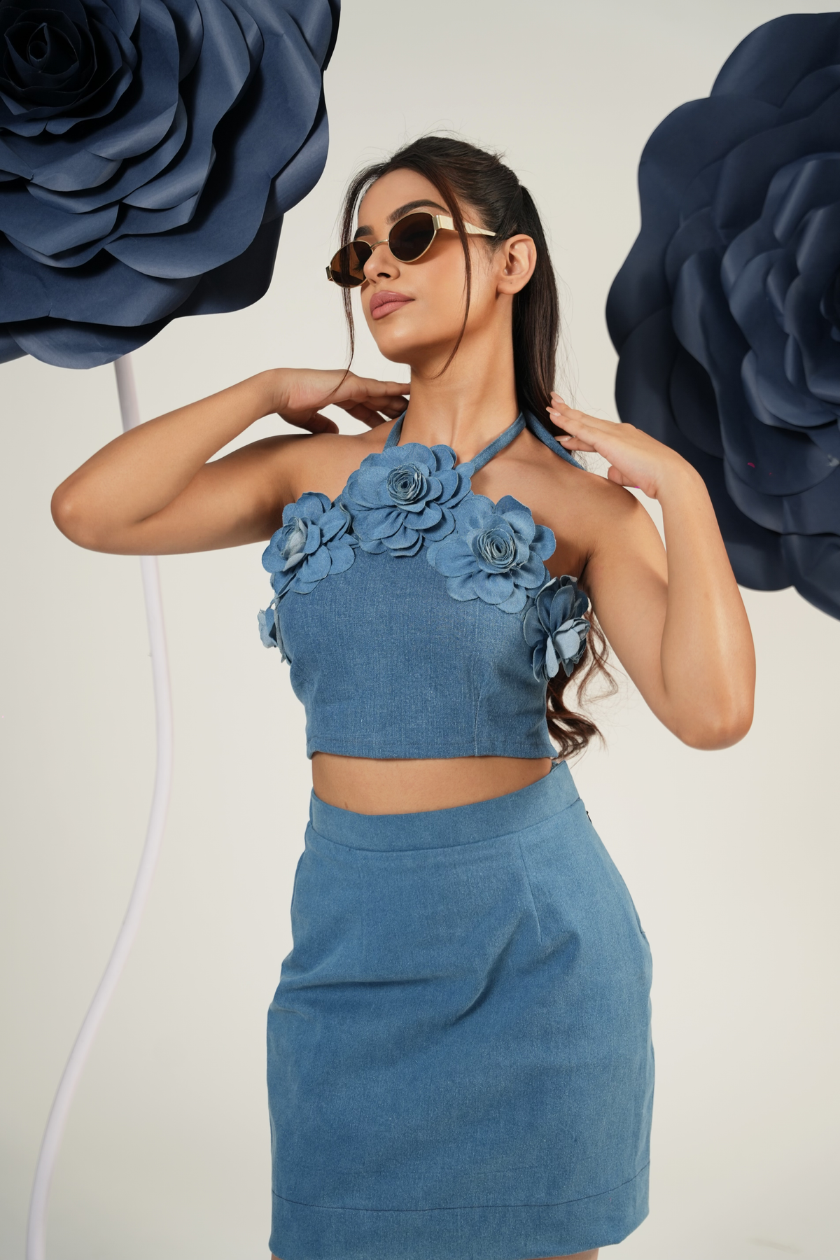 Denim Bloom Halter Crop Top