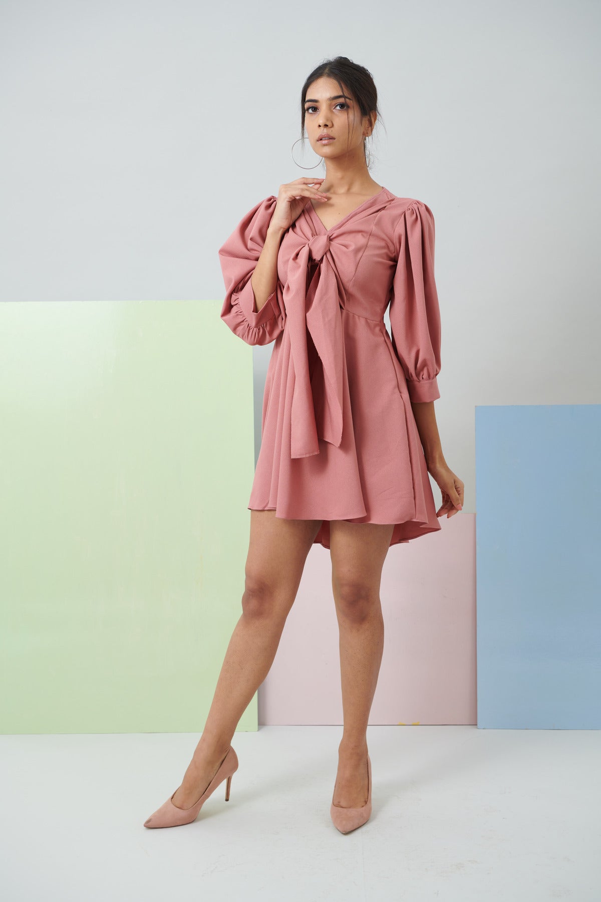 DUSKY PINK FRONT BOW TIE DRESS (CB008)