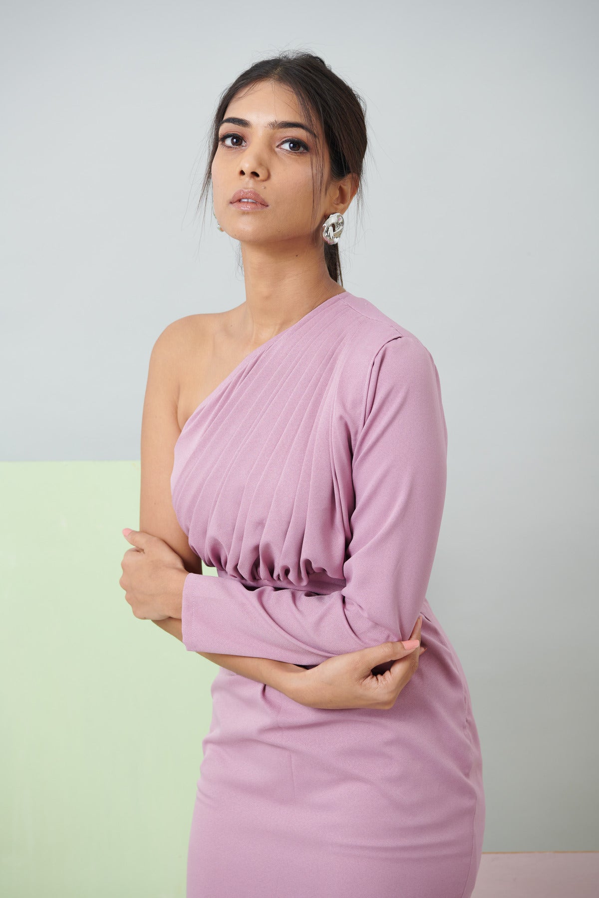 GATHERED UP ONE OFF SHOULDER MINI DRESS (CB007)