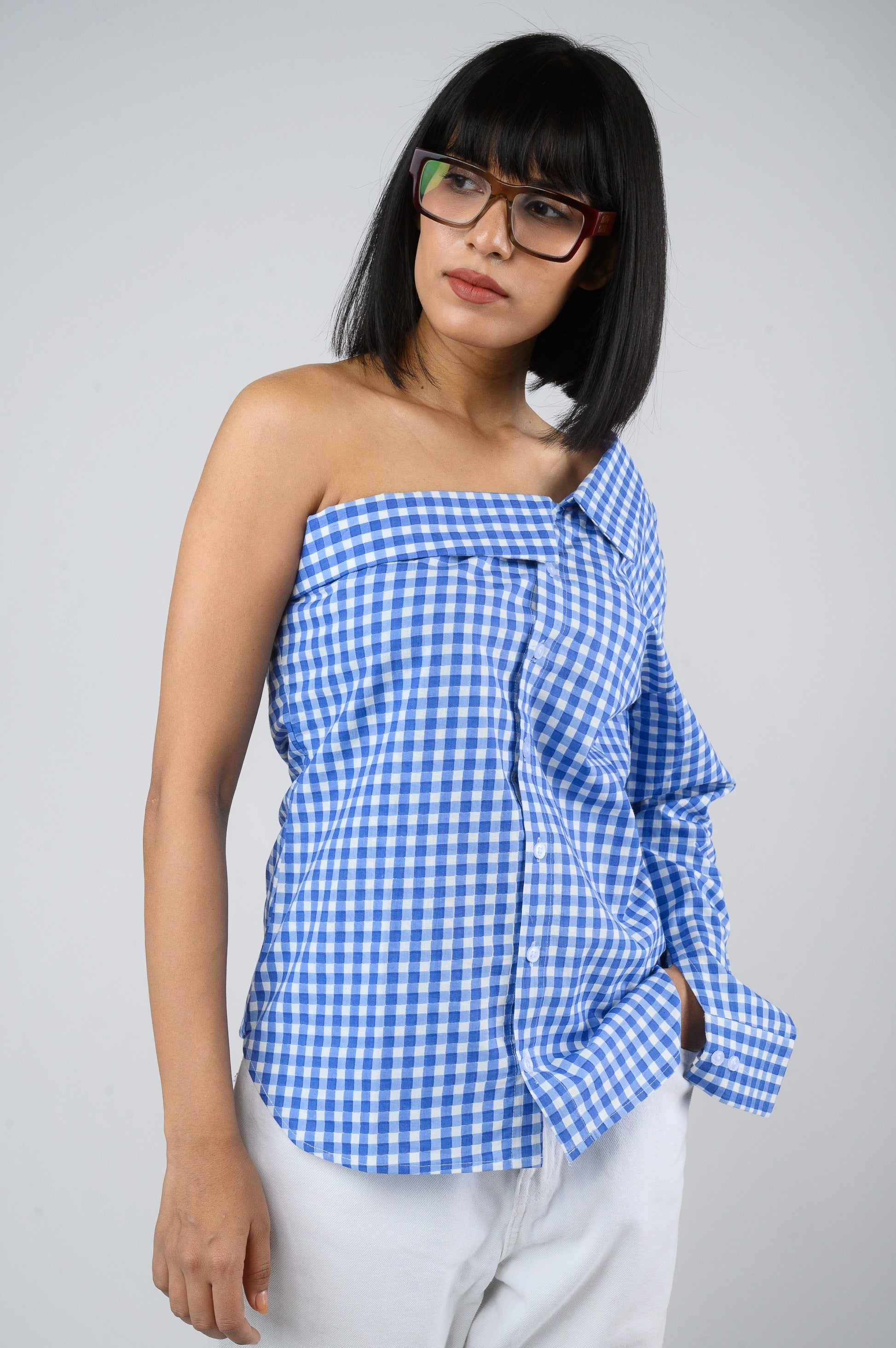 One shoulder Gingham Shirt