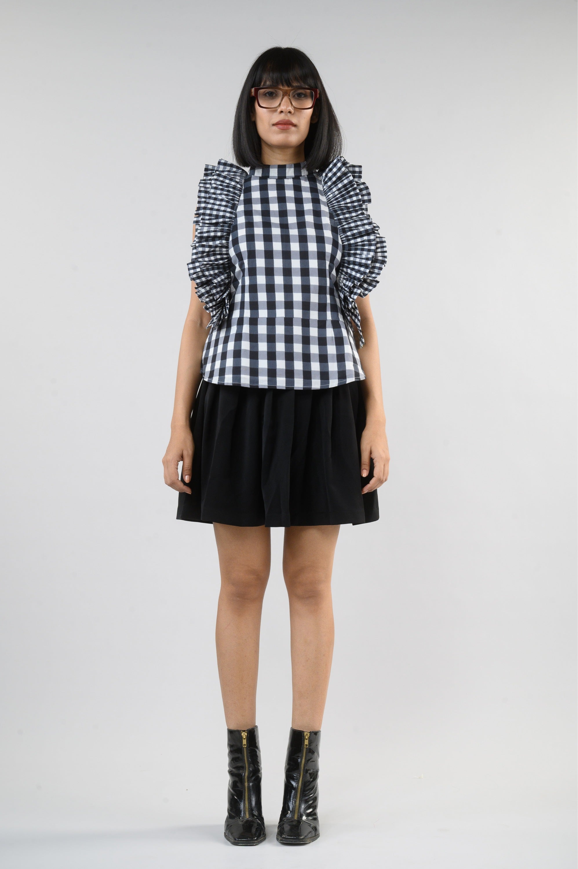 Black Checkmate Ruffle Top