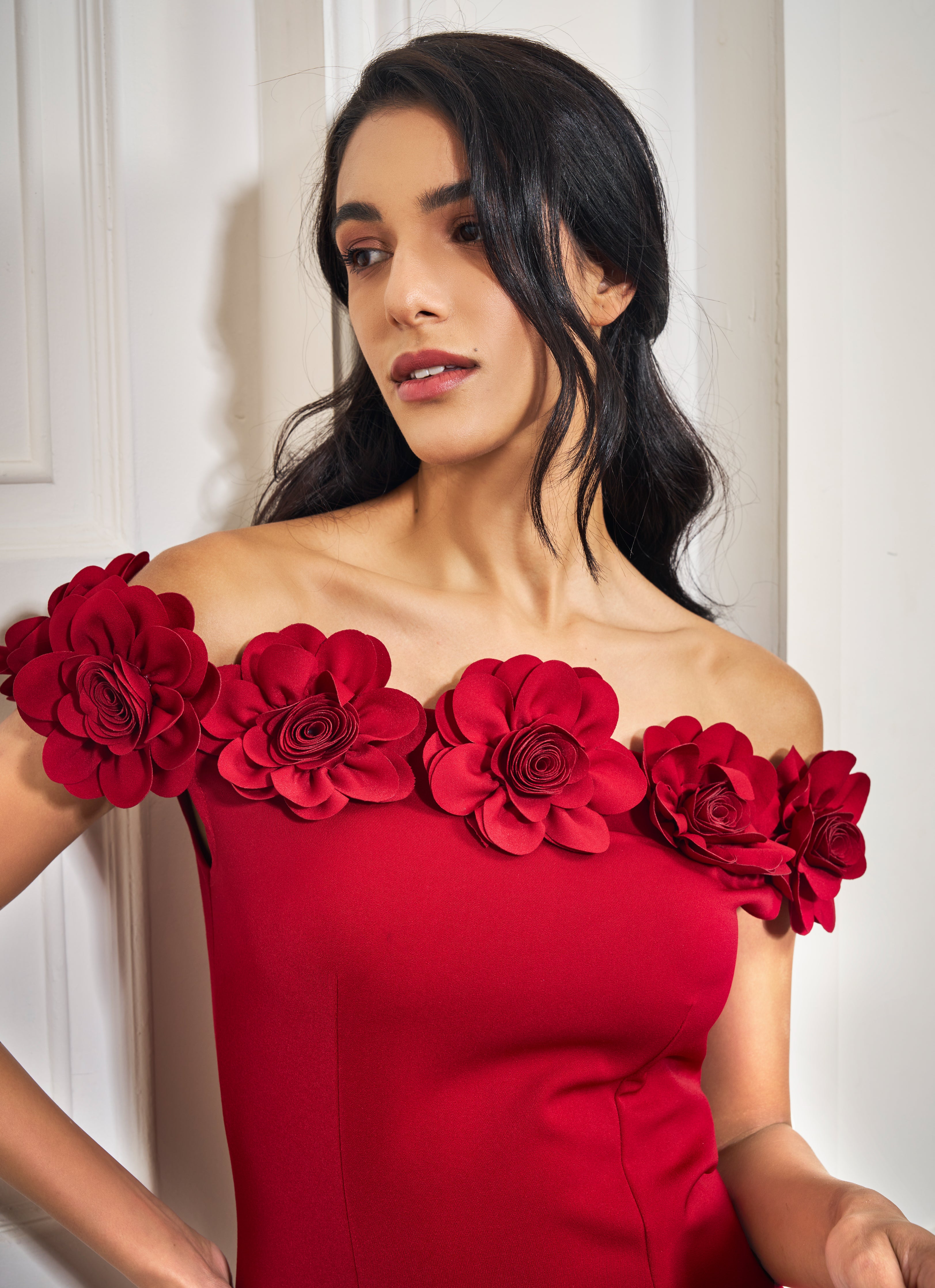 Red Rosette Off-Shoulder Mini