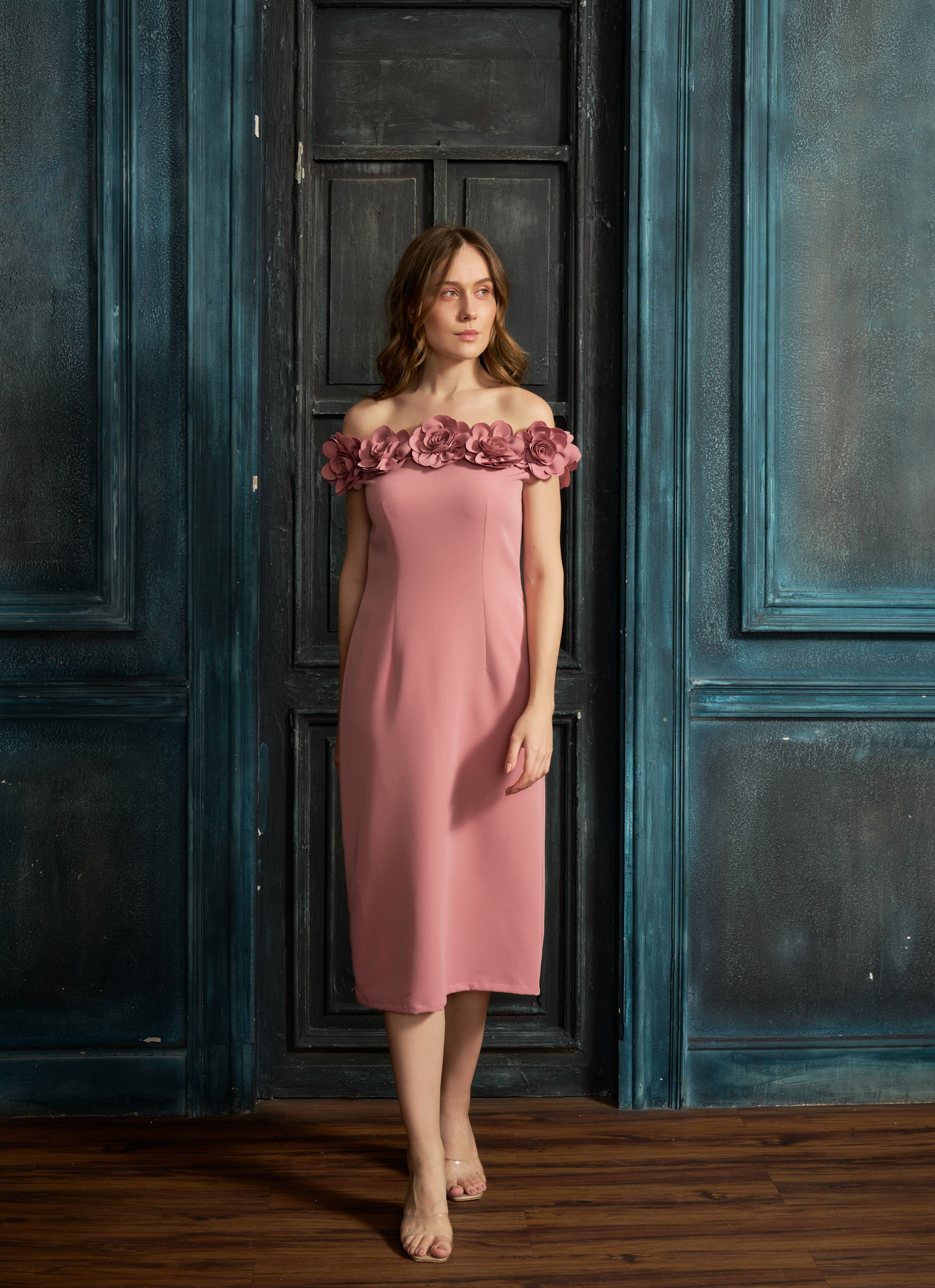 Rosé Pink Off-Shoulder Midi Dress